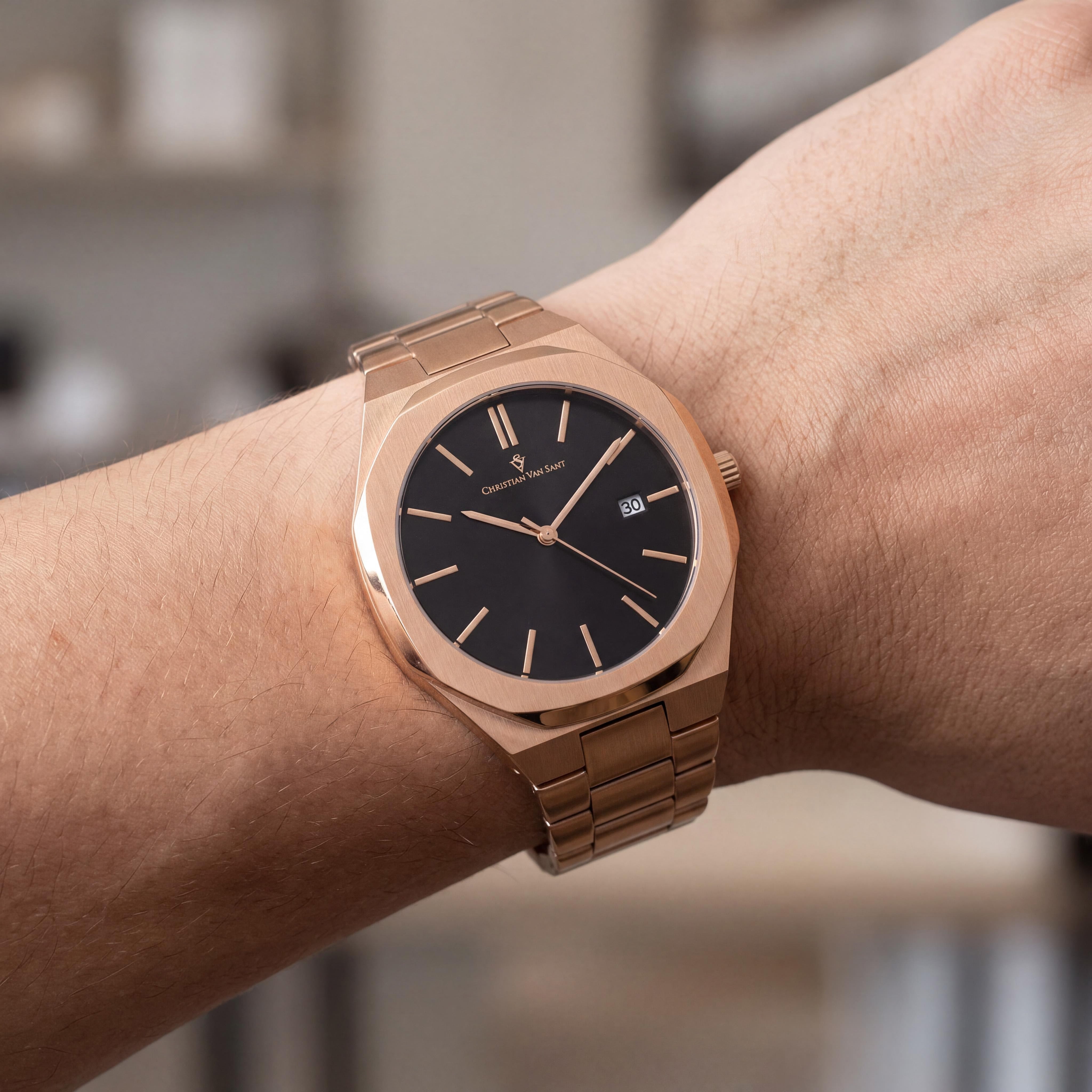 Reloj Christian Van Sant para hombre de acero inoxidable con esfera negra, movimiento de cuarzo y fecha, Photo 4