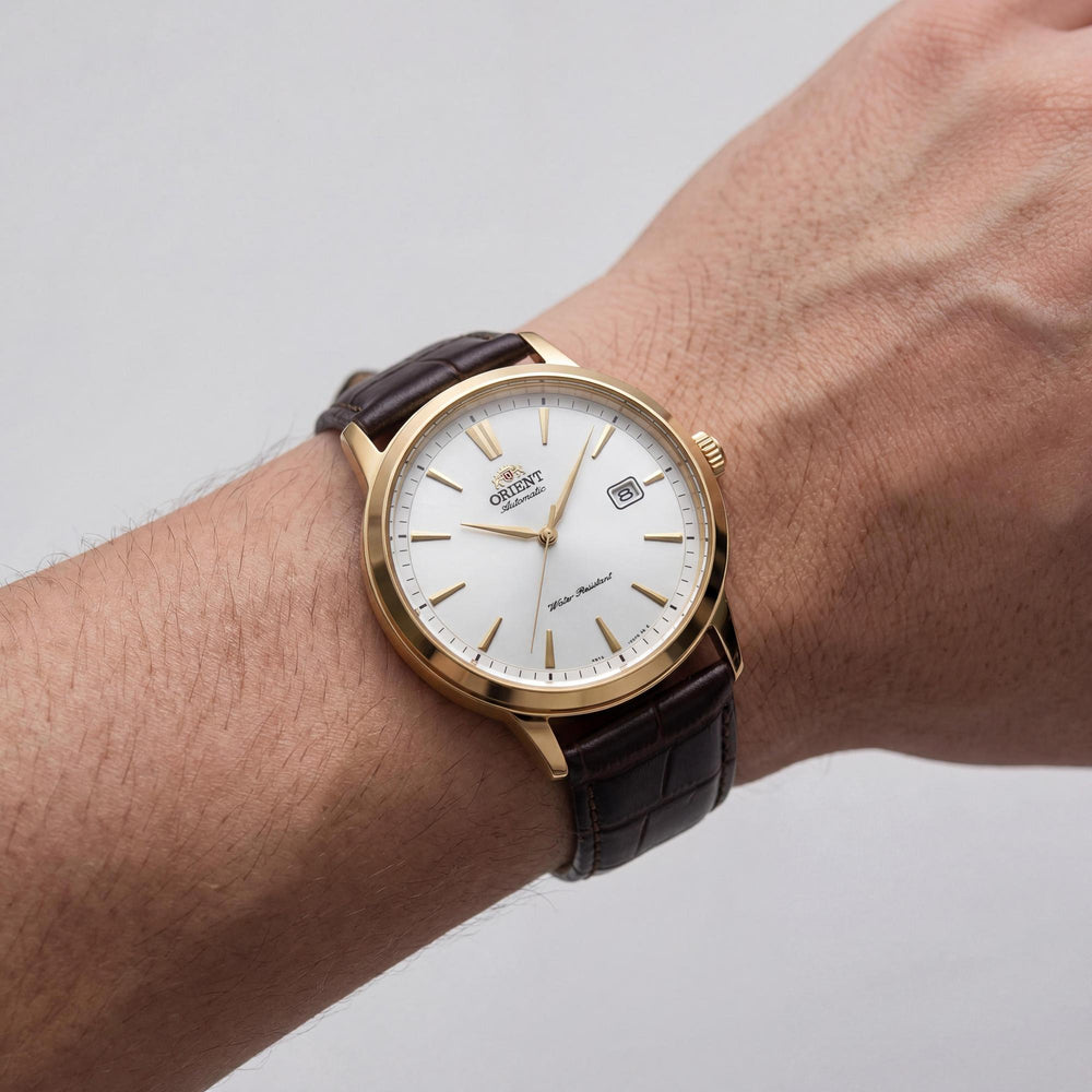 Orient Symphony III Men's Casual Watch with Gold Stainless Steel Case, Light Grey Dial, Chocolate Brown Leather Strap, 42mm