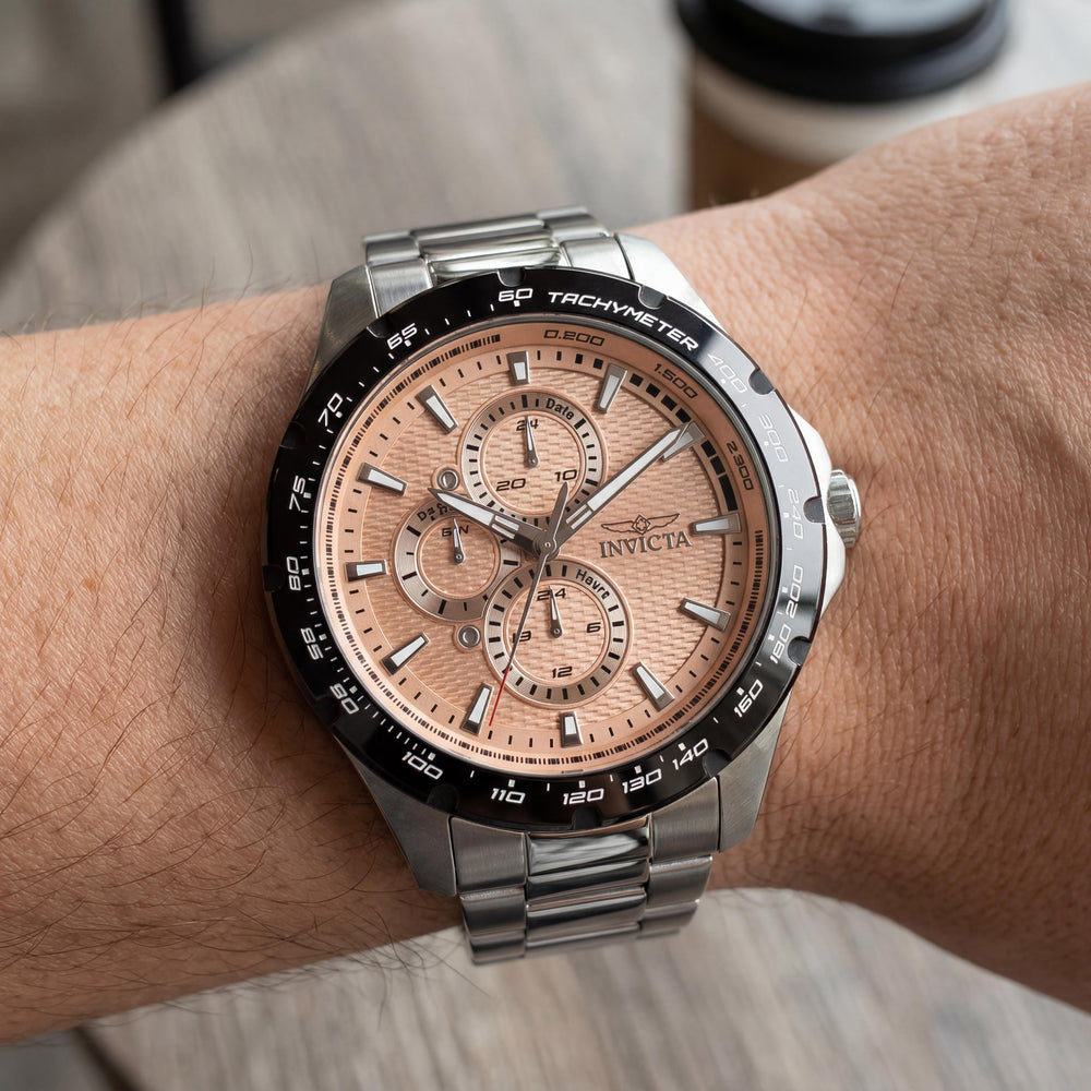 Invicta Aviator 50102 Reloj unisex de cuarzo cronógrafo de acero inoxidable 44 mm, esfera rosa plateada
