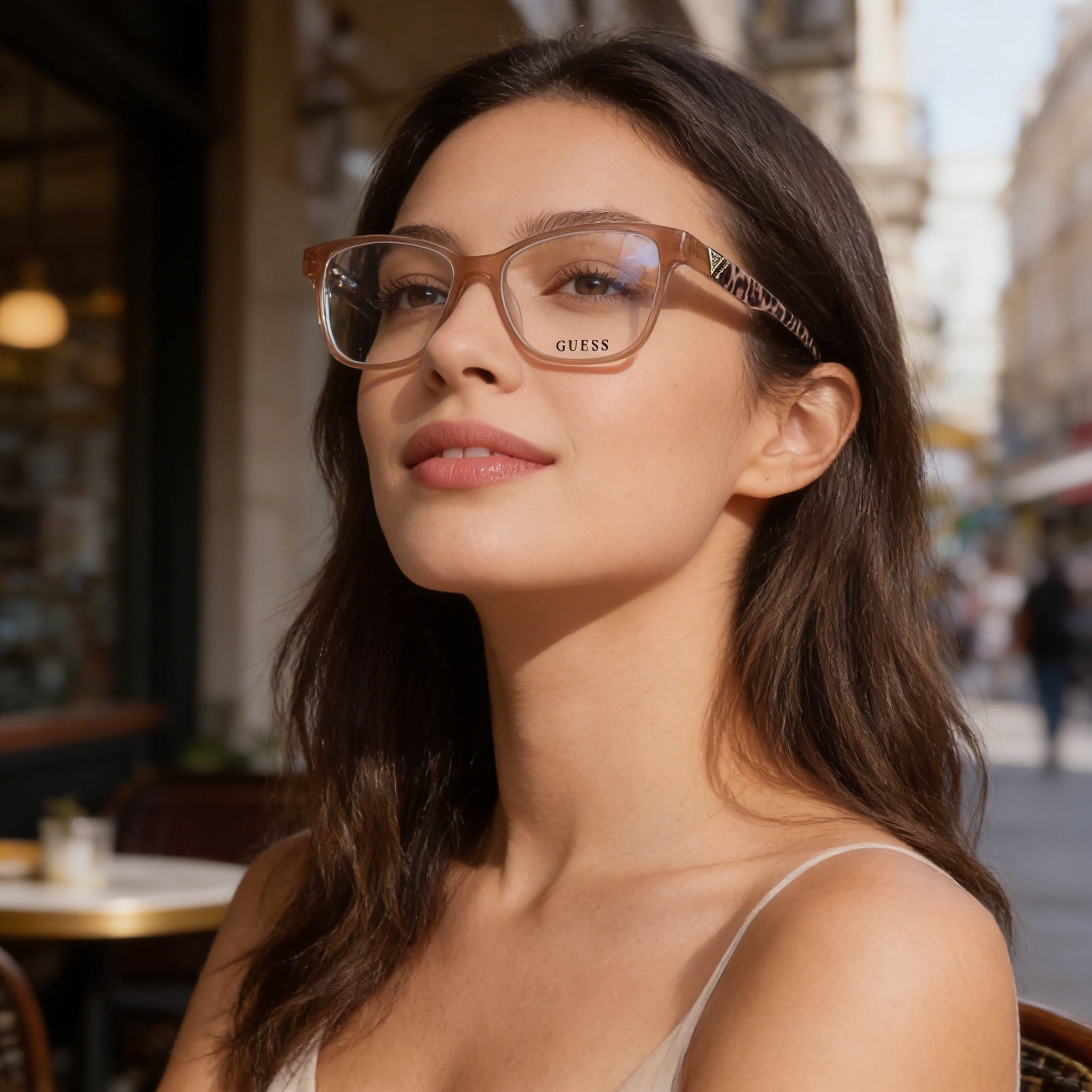 GUESS Casual Women's Sunglasses featuring a Shiny Beige Plastic Frame, offering a 52mm lens width, Photo 4