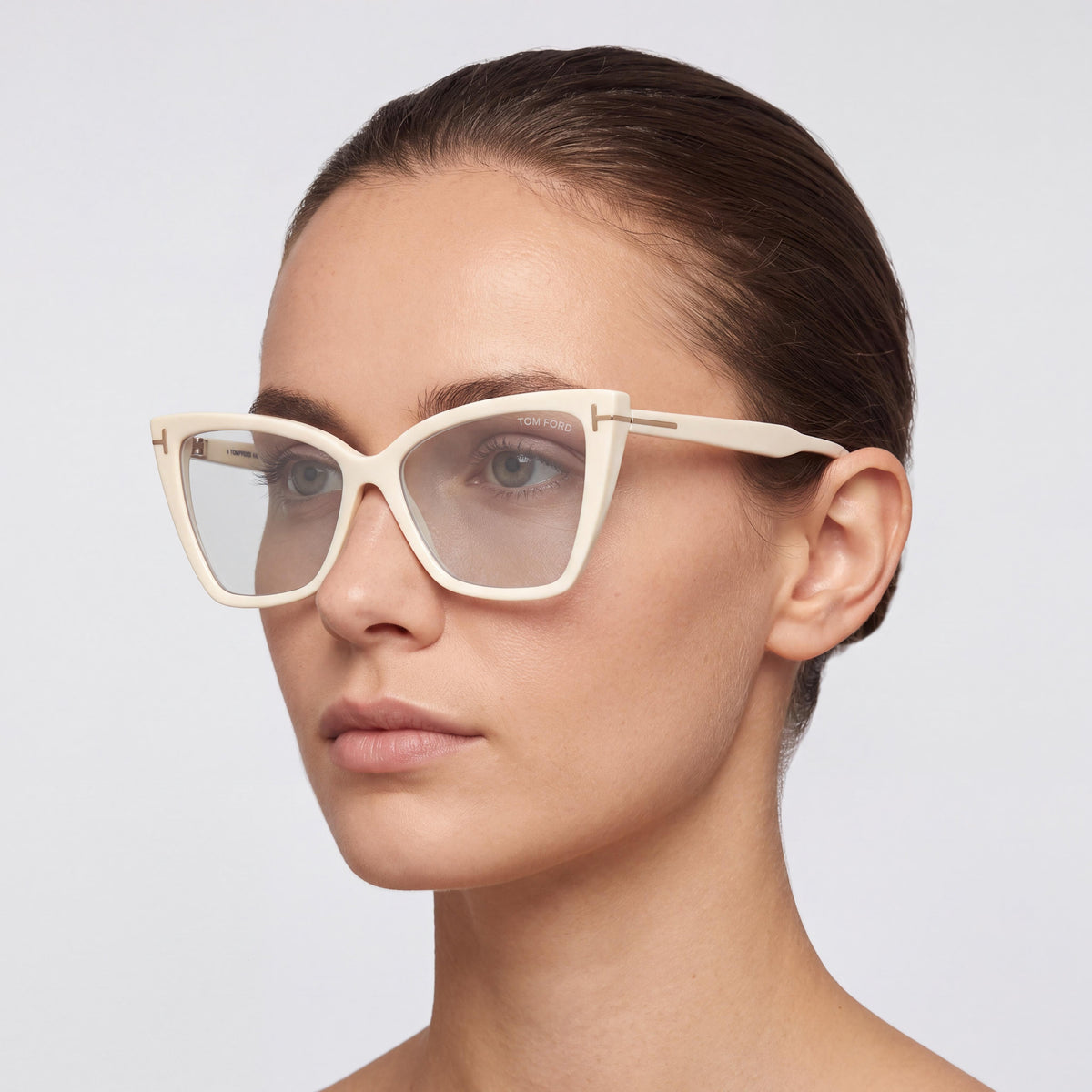 Tom Ford Women's Ft5844-b Cat Eye Blue Block Polycarbonate Glasses Glossy Ivory Gold Logo 55mm, Photo 3