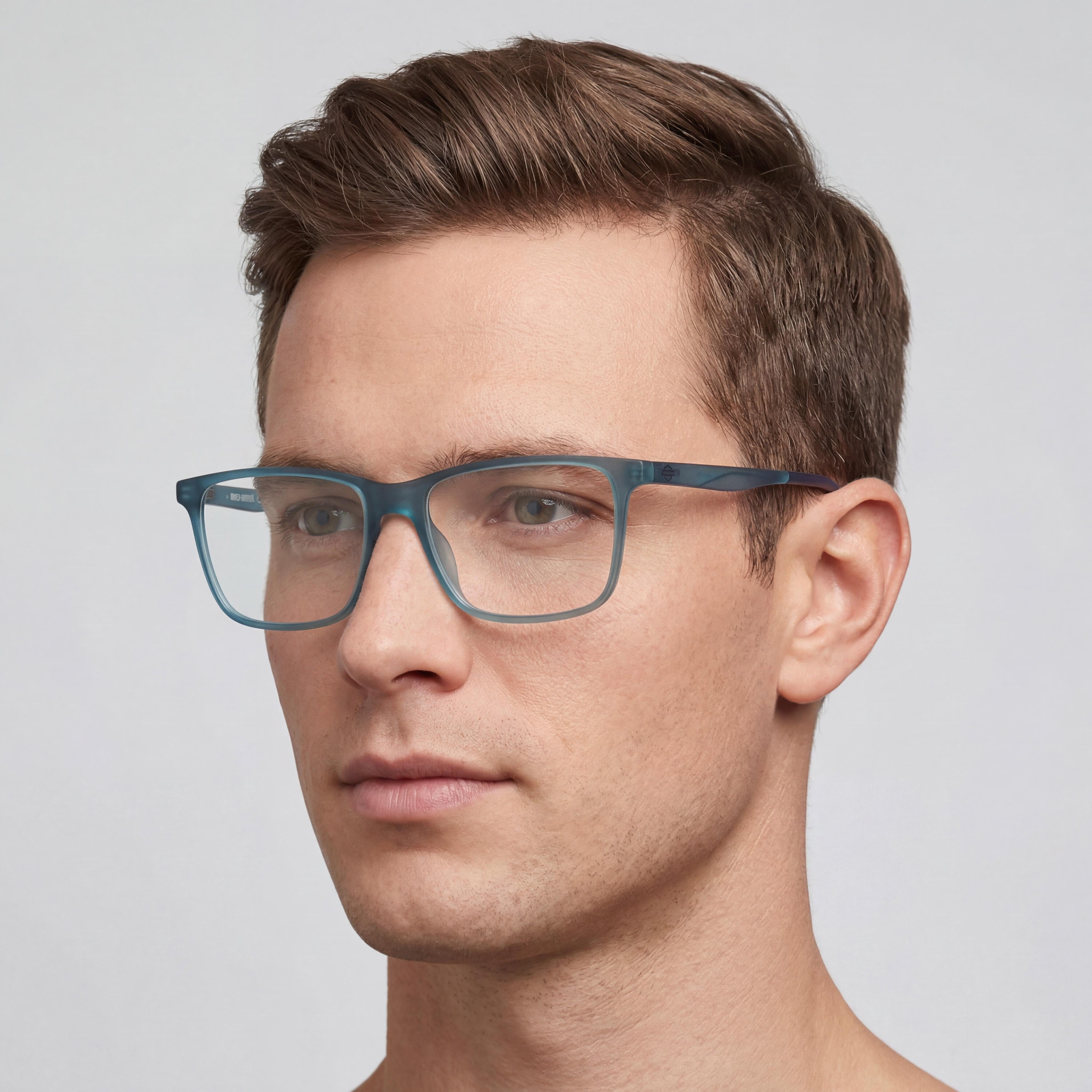 Monturas ópticas Harley-Davidson azul mate para hombre con lentes transparentes de demostración. Las lentes se pueden reemplazar por lentes graduadas personalizadas., Photo 4