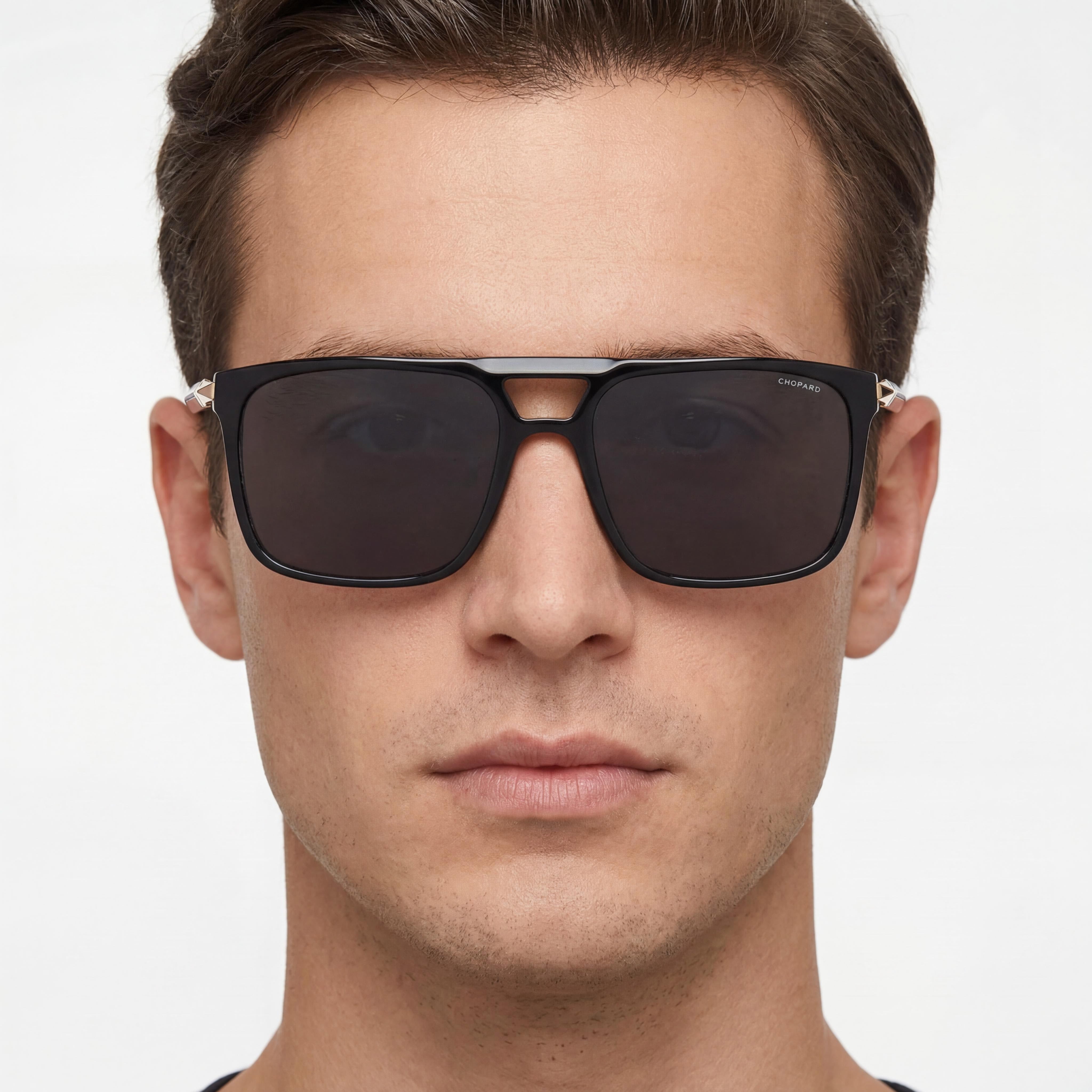 Chopard Sch311 Men's Shiny Black Acetate-Metal Sunglasses with Smoke Lenses, UV Protection, 59mm, Photo 4