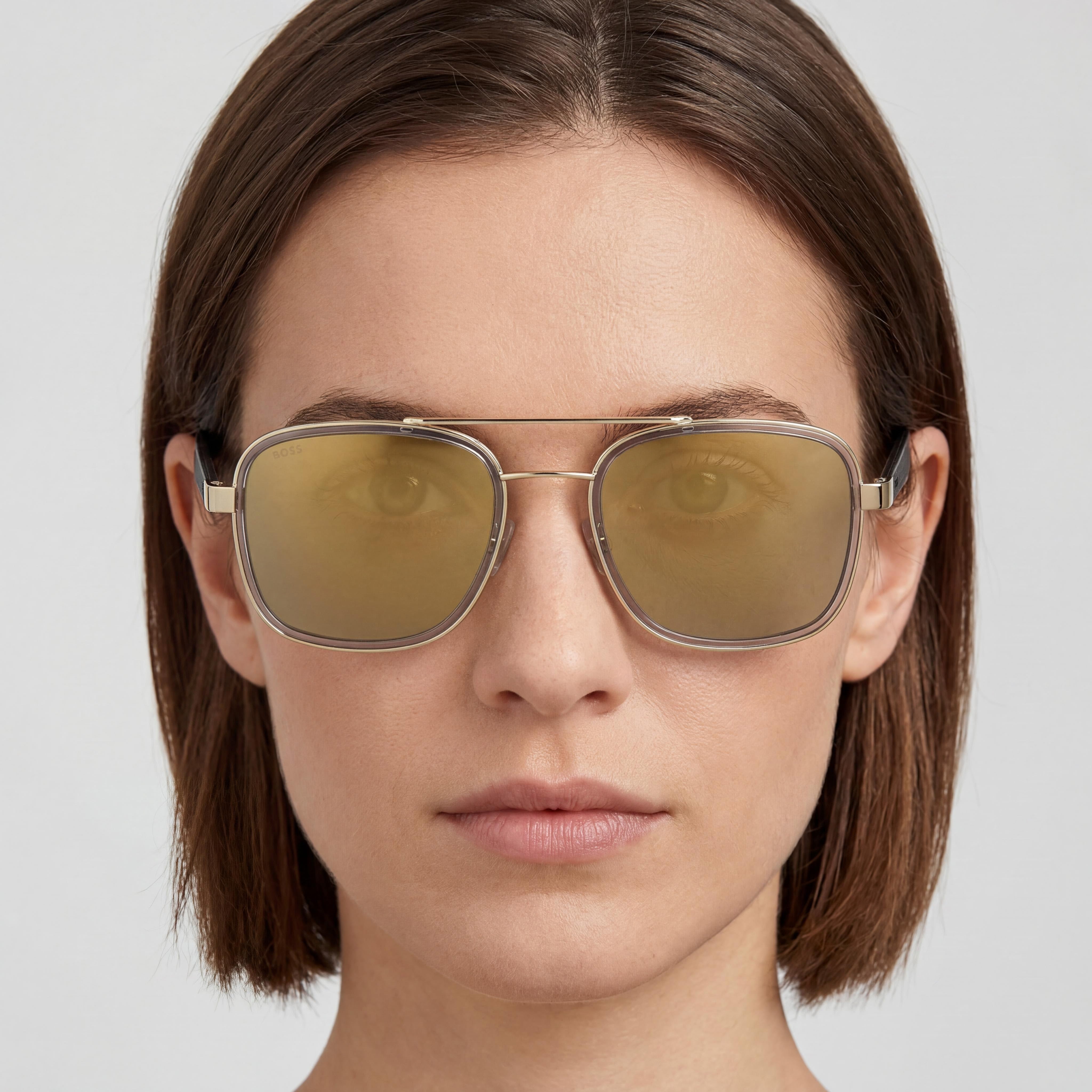 Gafas de sol Hugo Boss Boss 1486/S de metal cuadradas de doble puente para mujer, marco dorado gris, Copa del Mundo, protección UV dorada gris, 54 mm, Photo 5