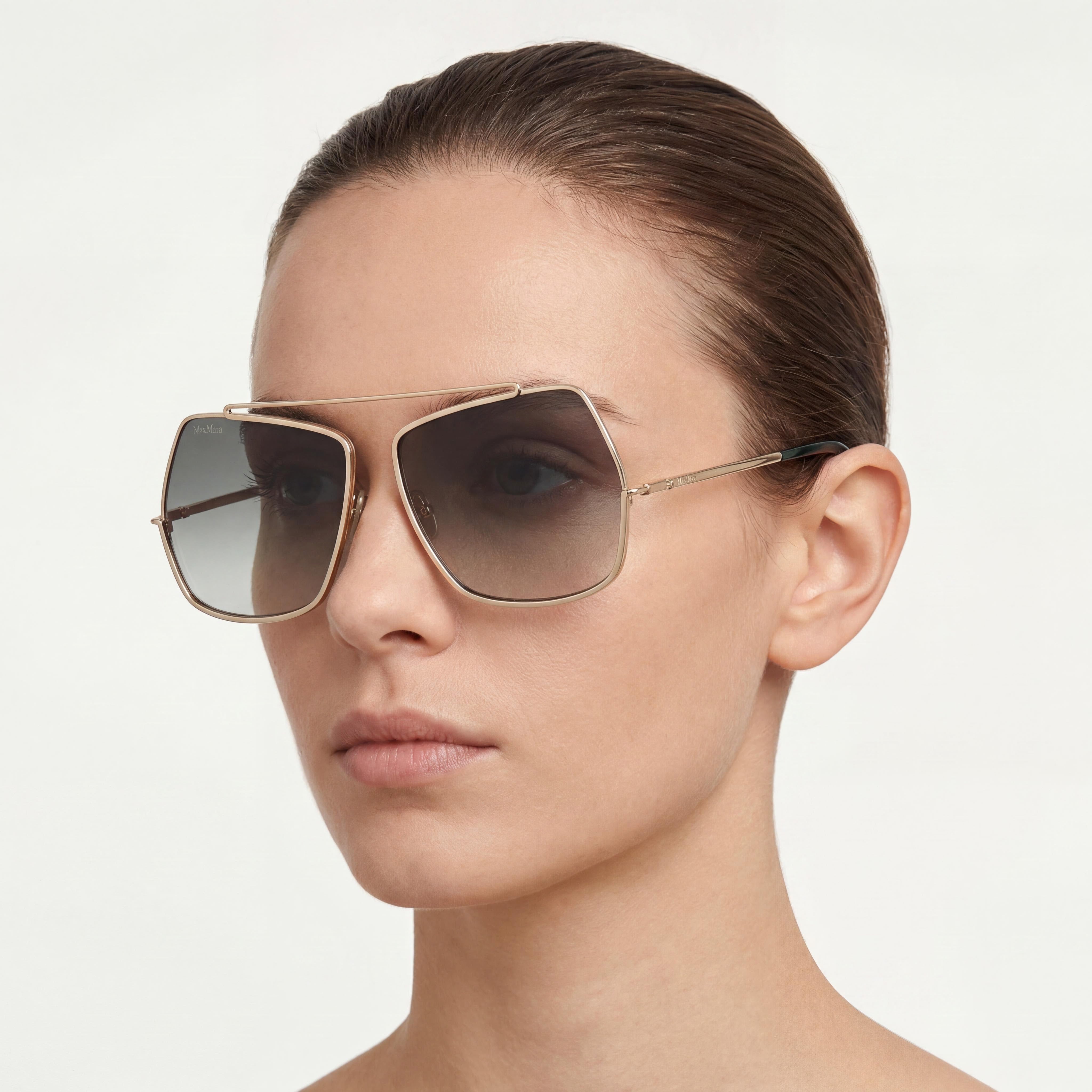 MaxMara MM0102 Women's Modern Metal Sunglasses, Shiny Pale Gold Frame, Gradient Green Non-Polarized Lenses 58mm, Photo 4