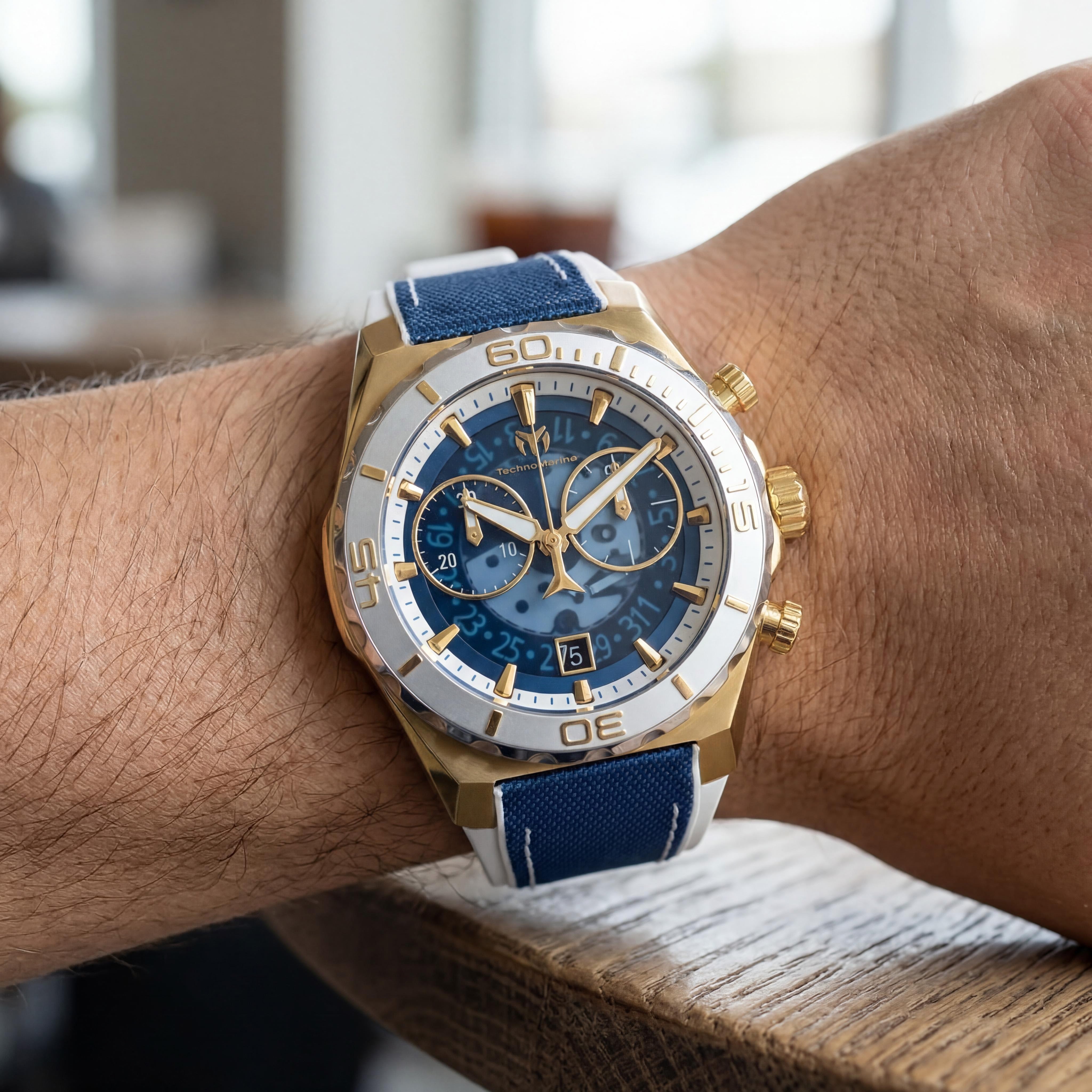 TechnoMarine Modern Men's White Blue Silicone Nylon Swiss Quartz Glow In The Dark Steel Gold Tone 48mm Watch, Photo 4