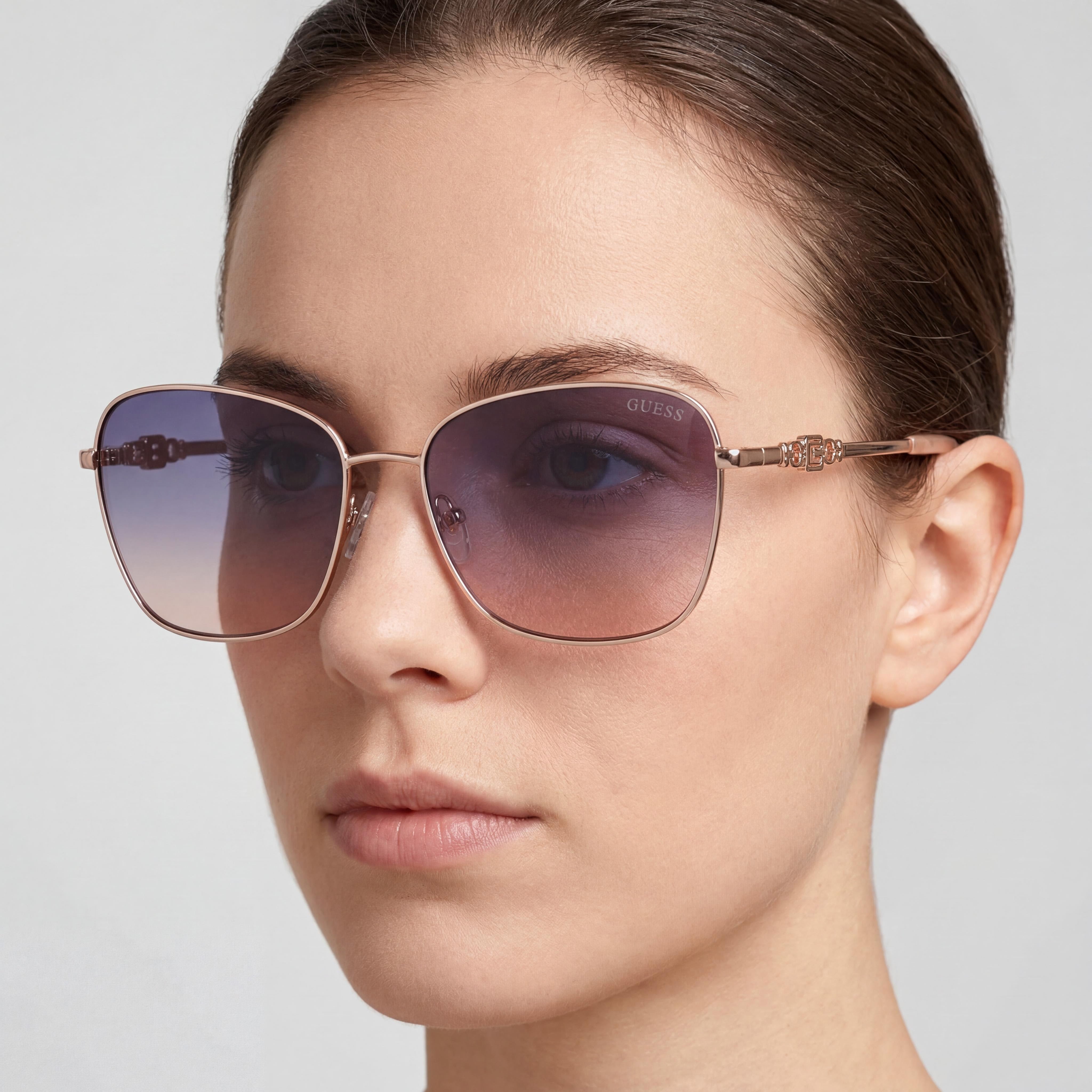 Gafas de sol Guess Butterfly para mujer, de metal dorado rosa brillante, con lentes azul violeta y protección UV de 57 mm, Photo 4