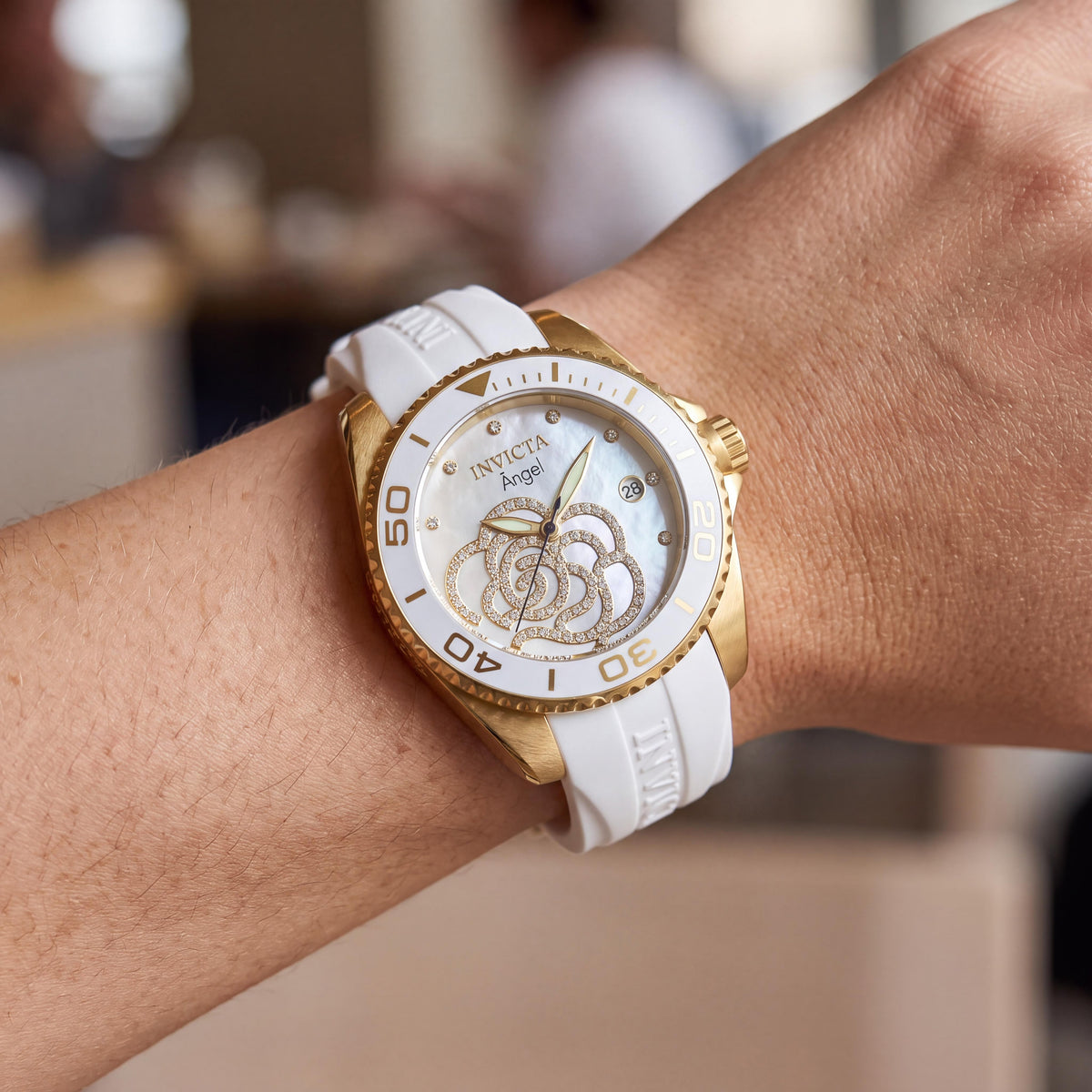 Invicta Angel Women's 18k Gold Plated Quartz Water Resistant Watch with White Strap & Mother of Pearl Dial 38mm, Photo 3