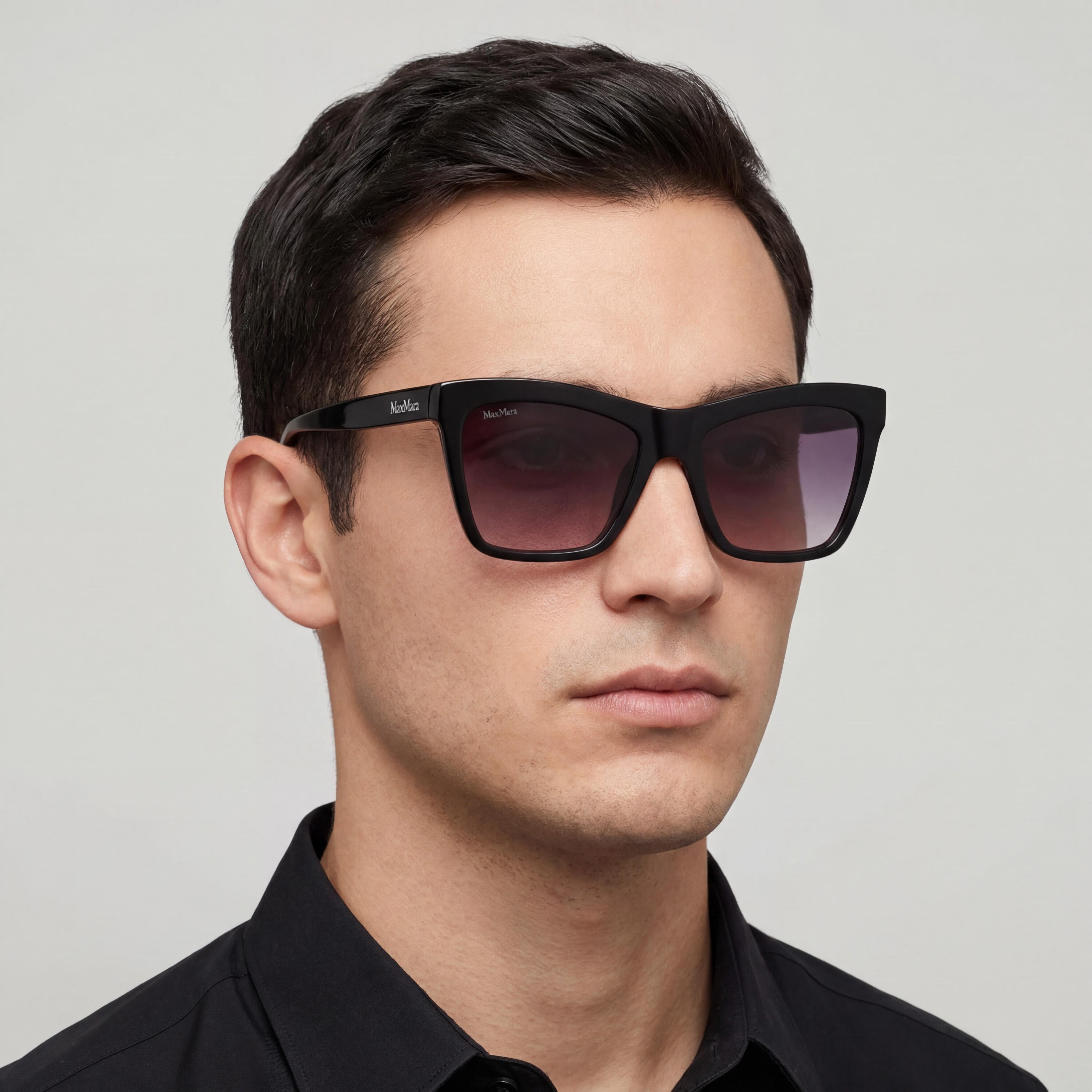 MaxMara Mm0008 Logo2 Unisex Plastic Sunglasses, UV Protected, Shiny Black/Pale Gold, Gradient Smoke Lens, 55mm, Photo 4