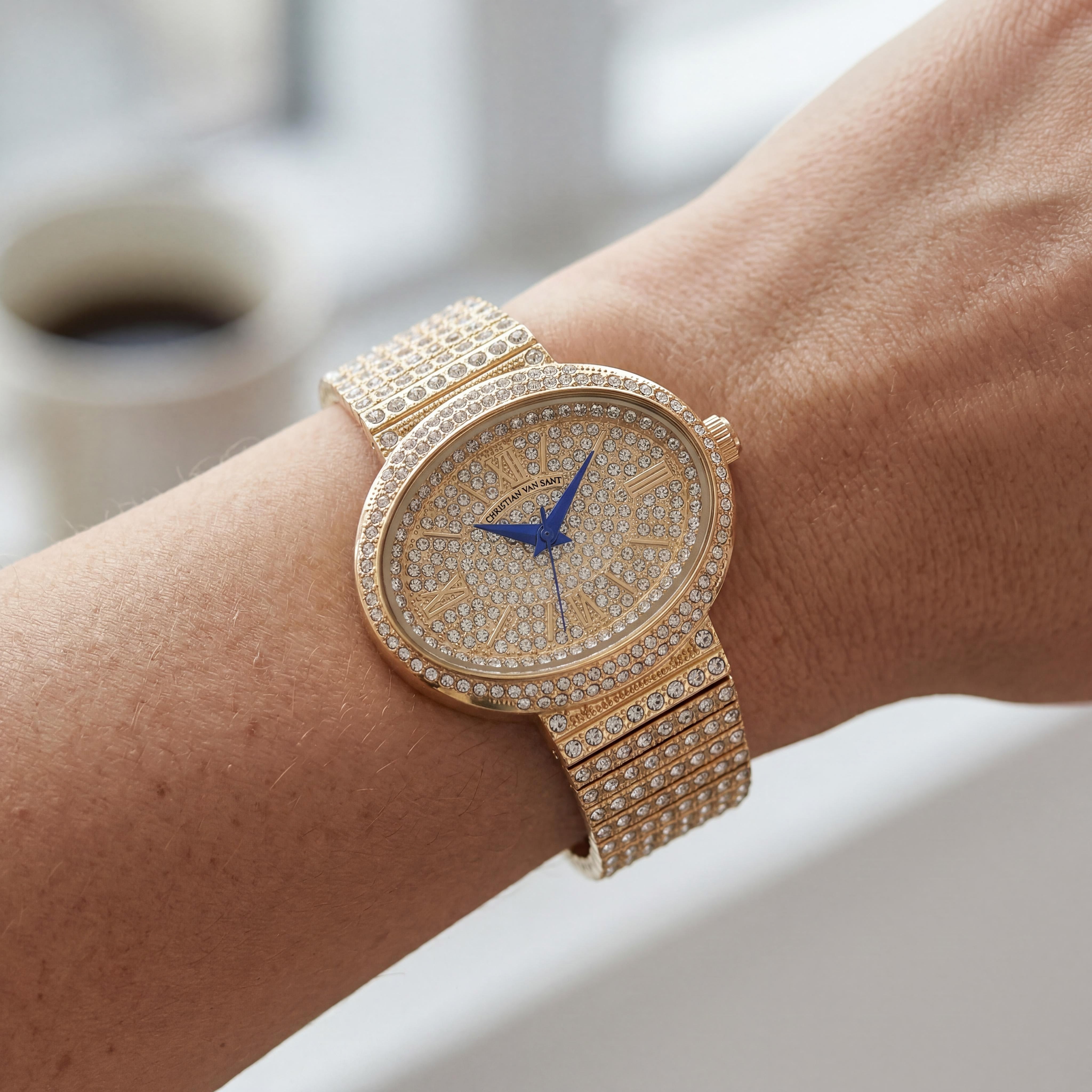 Reloj Christian Van Sant de cuarzo para mujer con bisel rosa, cristales, esfera oro rosa y correa de acero inoxidable, Photo 3