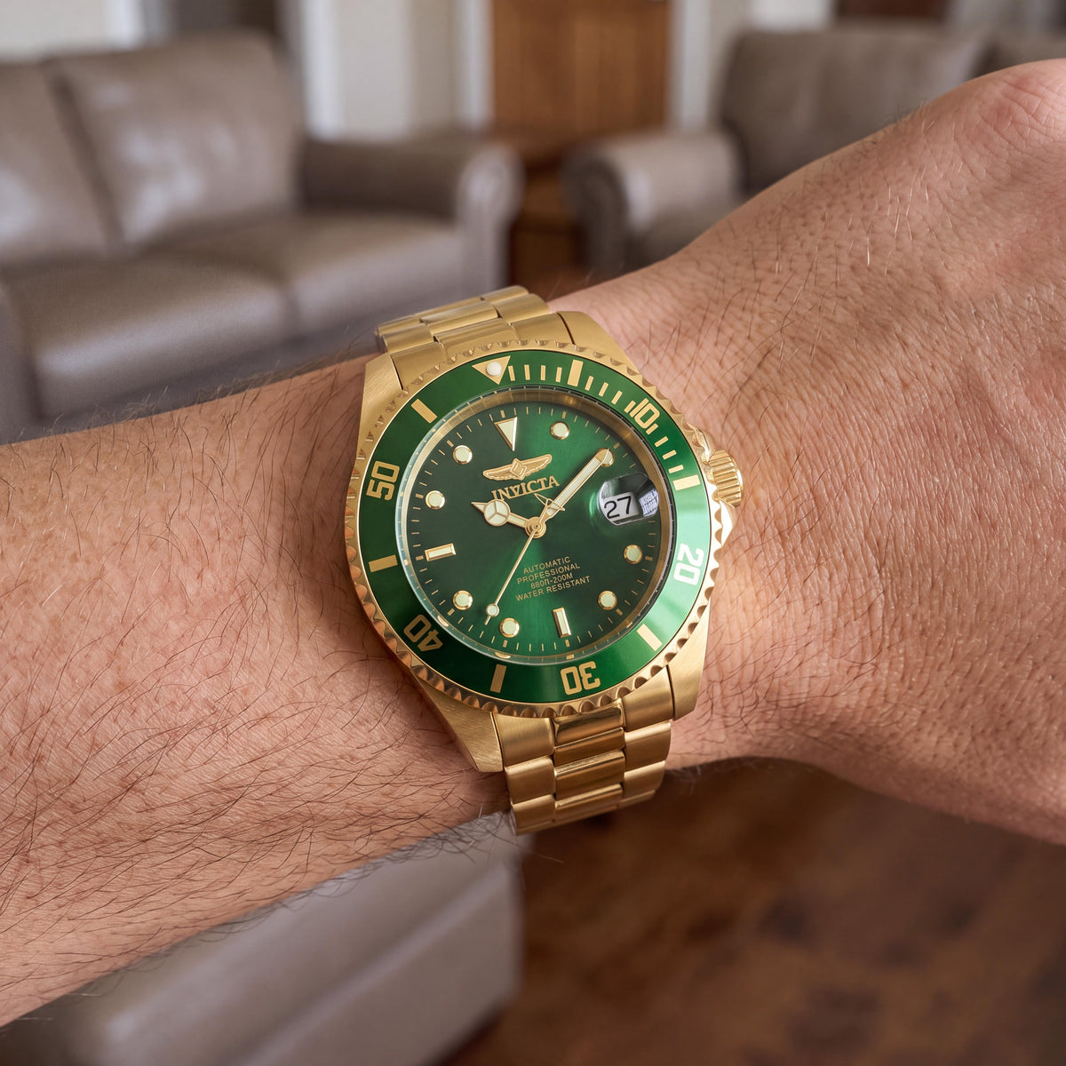 Invicta Men's 35711 Gold Tone Stainless Steel Automatic 200m Water Resistant Green Dial Luminous Watch 47mm, Photo 4