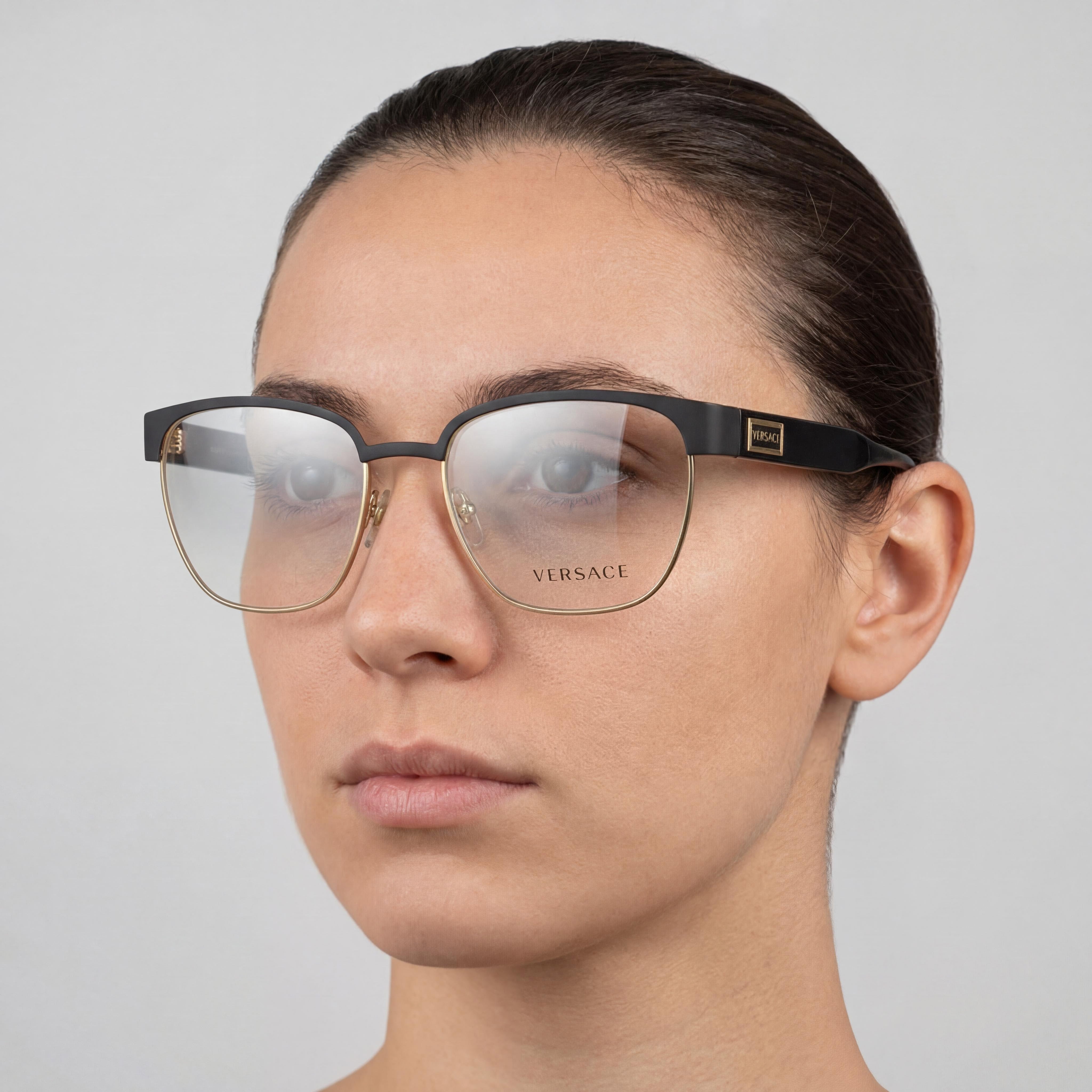 Gafas Versace Modern VE1264 Unisex con Montura Metálica Dorada y Negra Mate, Diseño Almohada, Lentes Transparentes 54mm, Photo 4