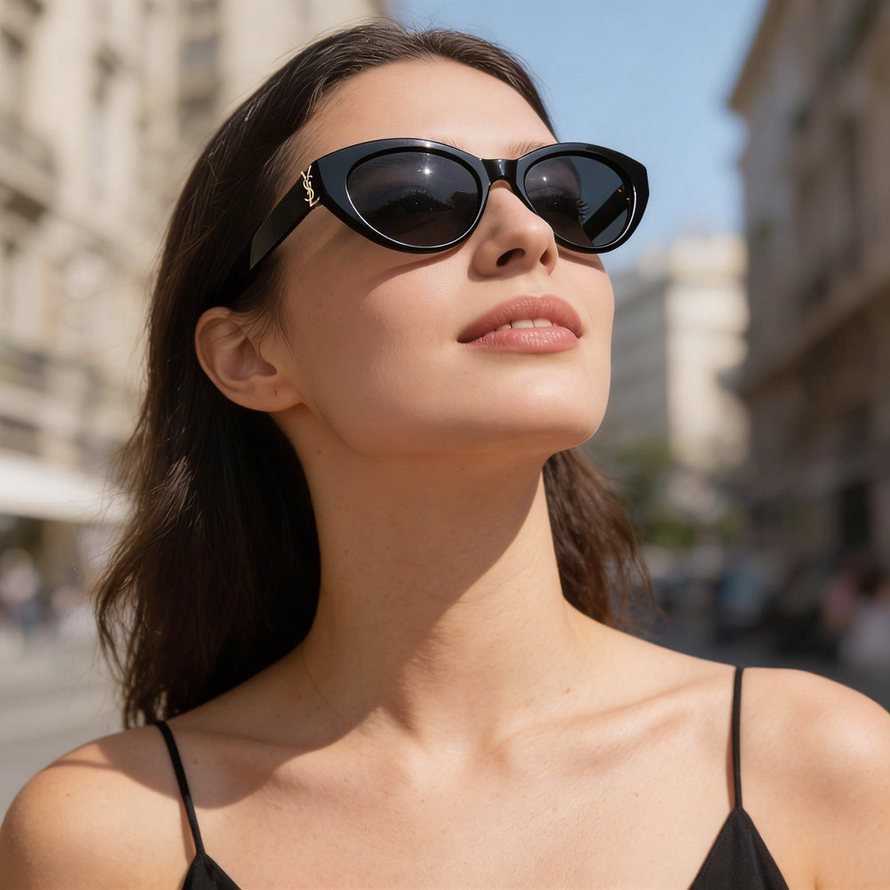 Saint Laurent Unisex Oval Black Tortoise Frame Sunglasses with Grey Polarized Lenses and UV Protection