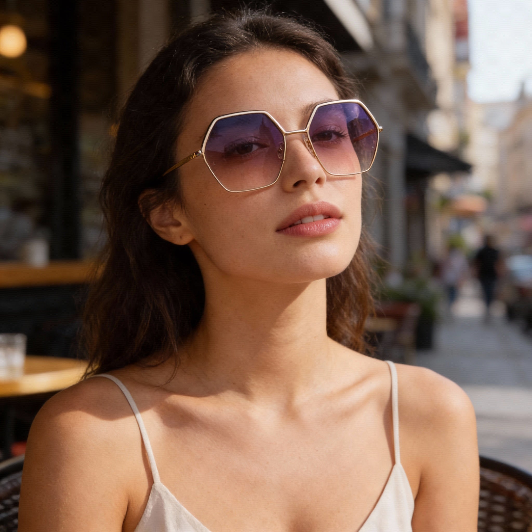 Gafas de sol Isabel Marant Thin Metal Edgy para mujer, de acero inoxidable, color oro rosa y gris, con protección UV y lentes moradas, 59 mm, Photo 5