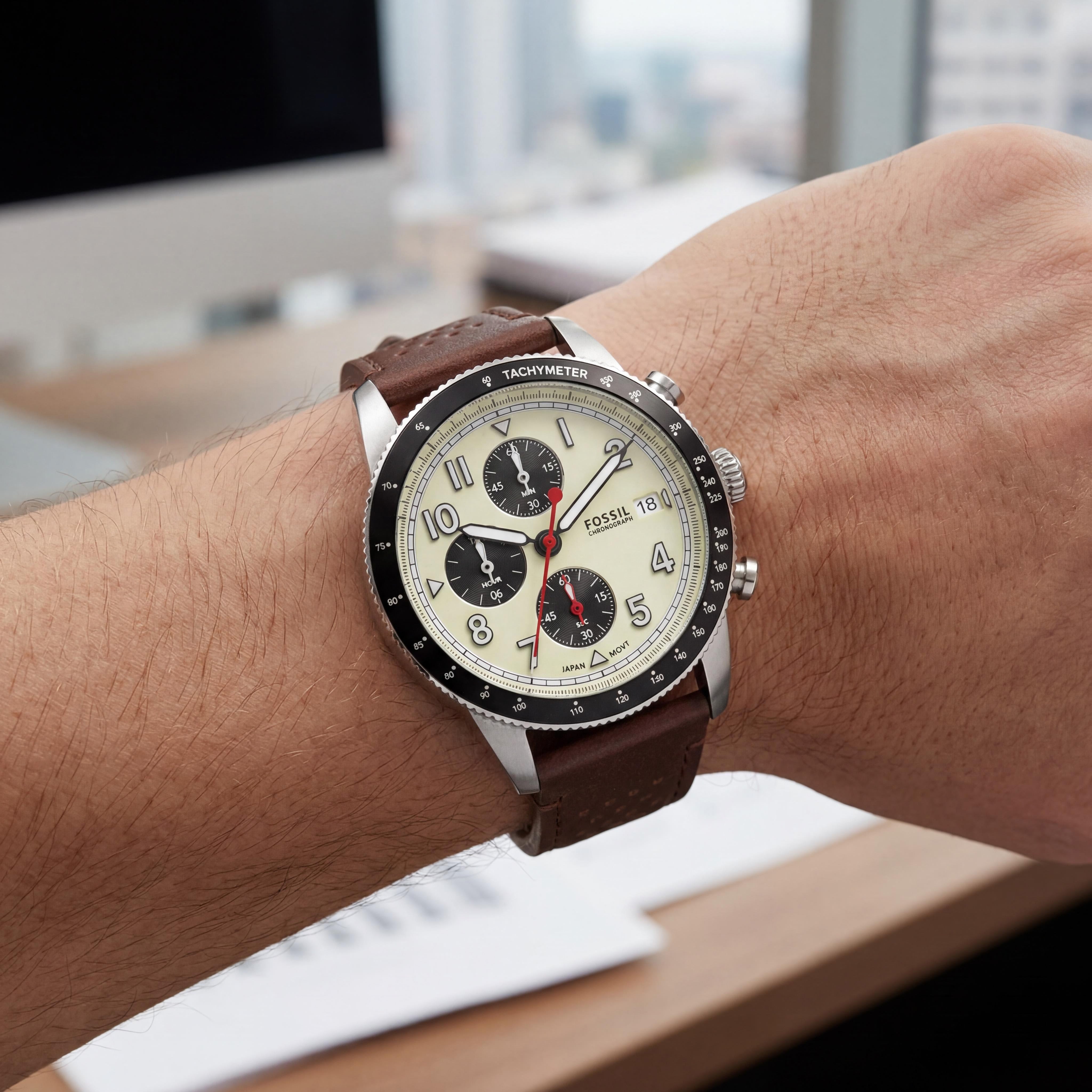 Fossil Sport FS6042 Tourer Men's Chronograph Brown Leather Strap Silver-Tone Case Cream Dial 42mm Watch, Photo 4