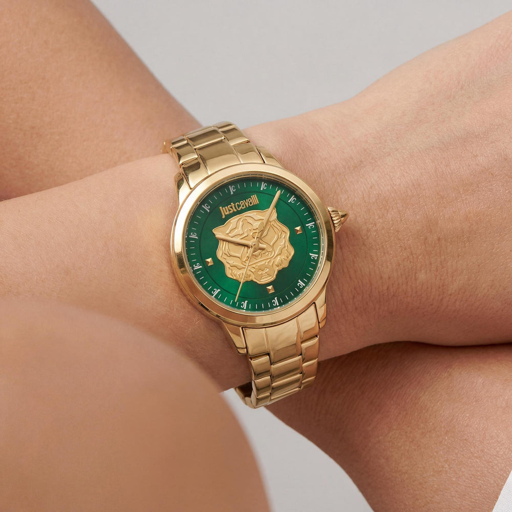 Reloj de cuarzo para mujer Just Cavalli con pulsera, esfera verde botella, acero inoxidable en oro amarillo de 30 mm