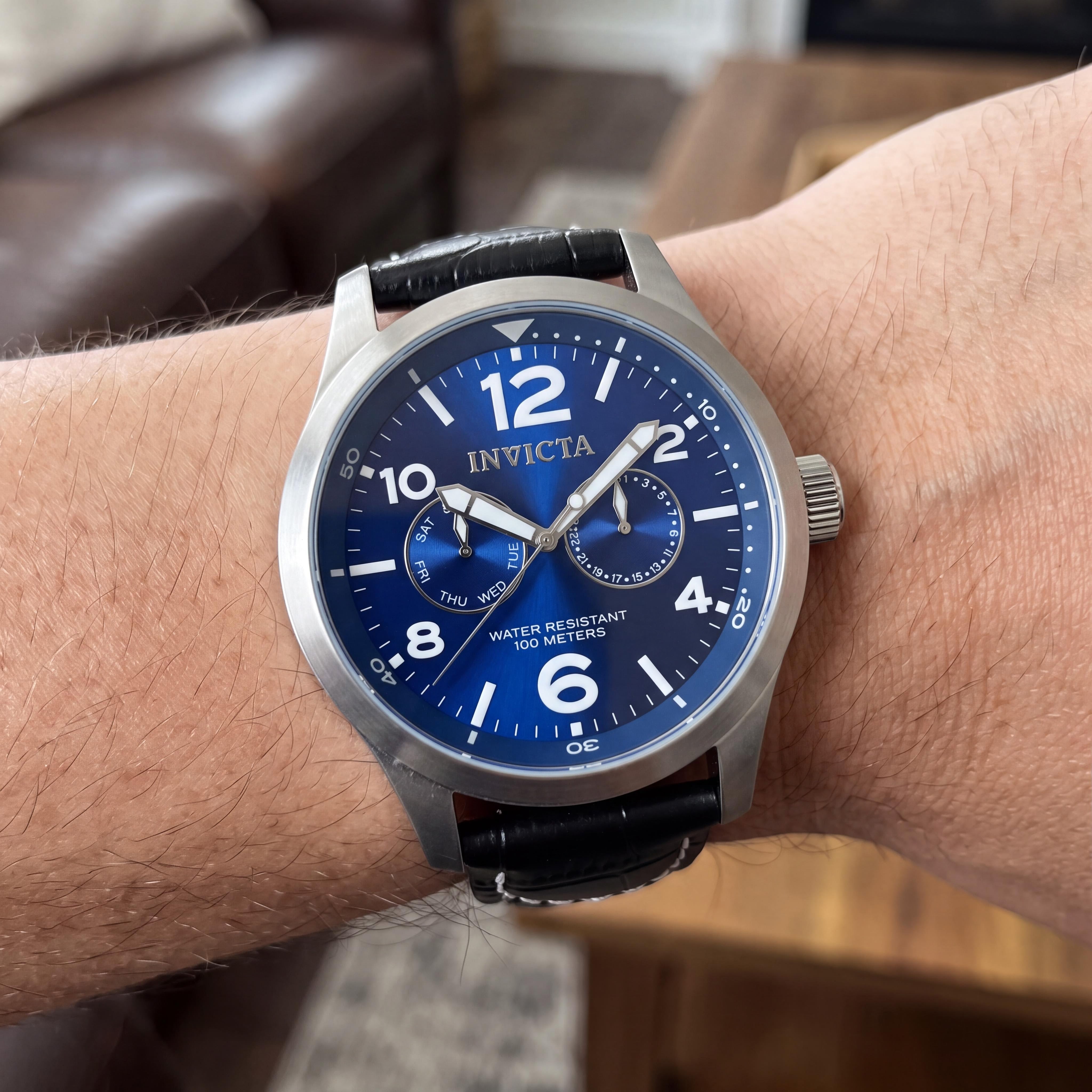 Reloj de Cuarzo Invicta I-Force 10490 para Hombre, Caja de Acero Inoxidable de 48 mm, Esfera Azul, Correa de Cuero, Sumergible 10 ATM, Photo 3