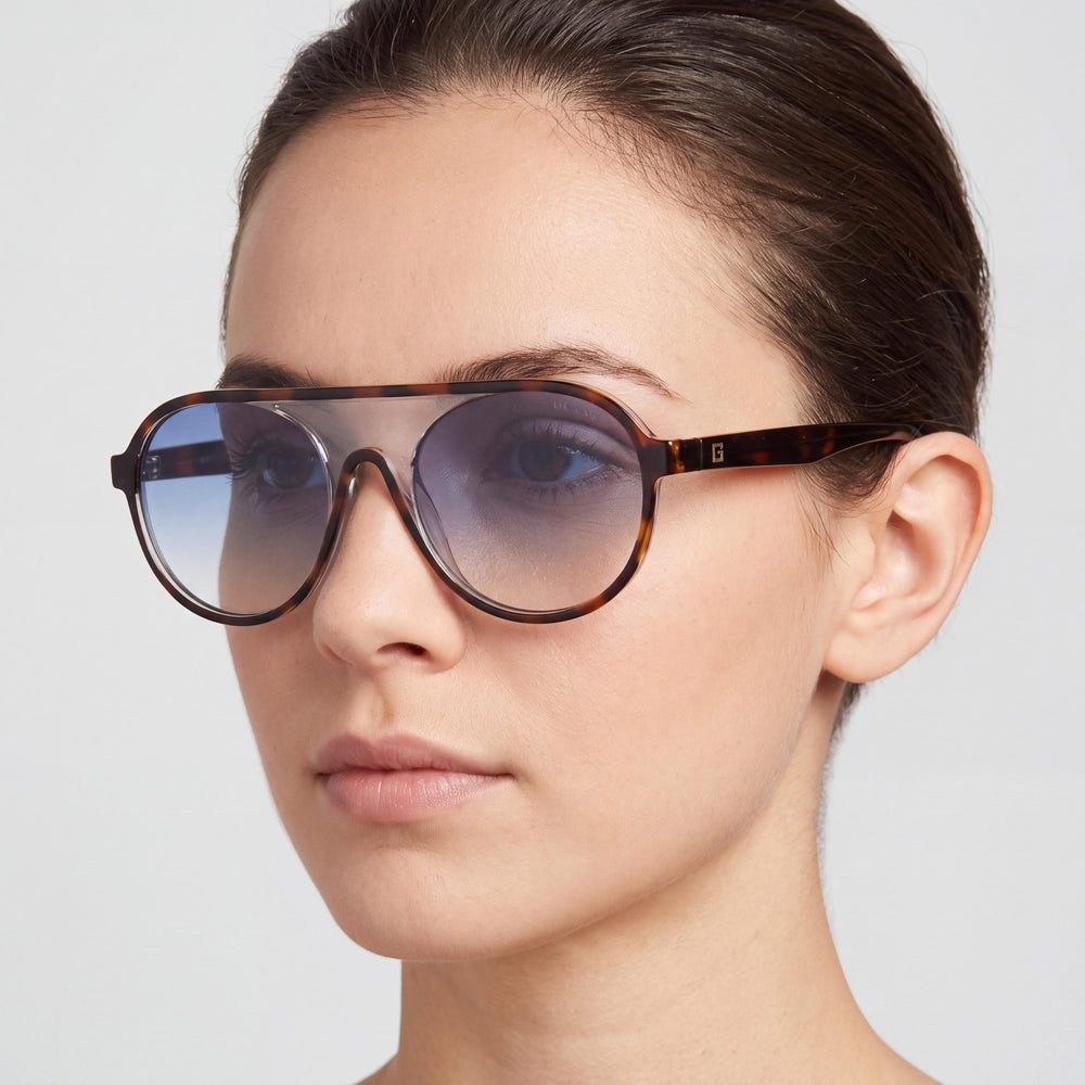 GUESS Women's GU-6943 52X Dark Havana Plastic Sunglasses, Gradient Blue Silver Mirror Anti-Reflective UV Protected Lenses 53mm