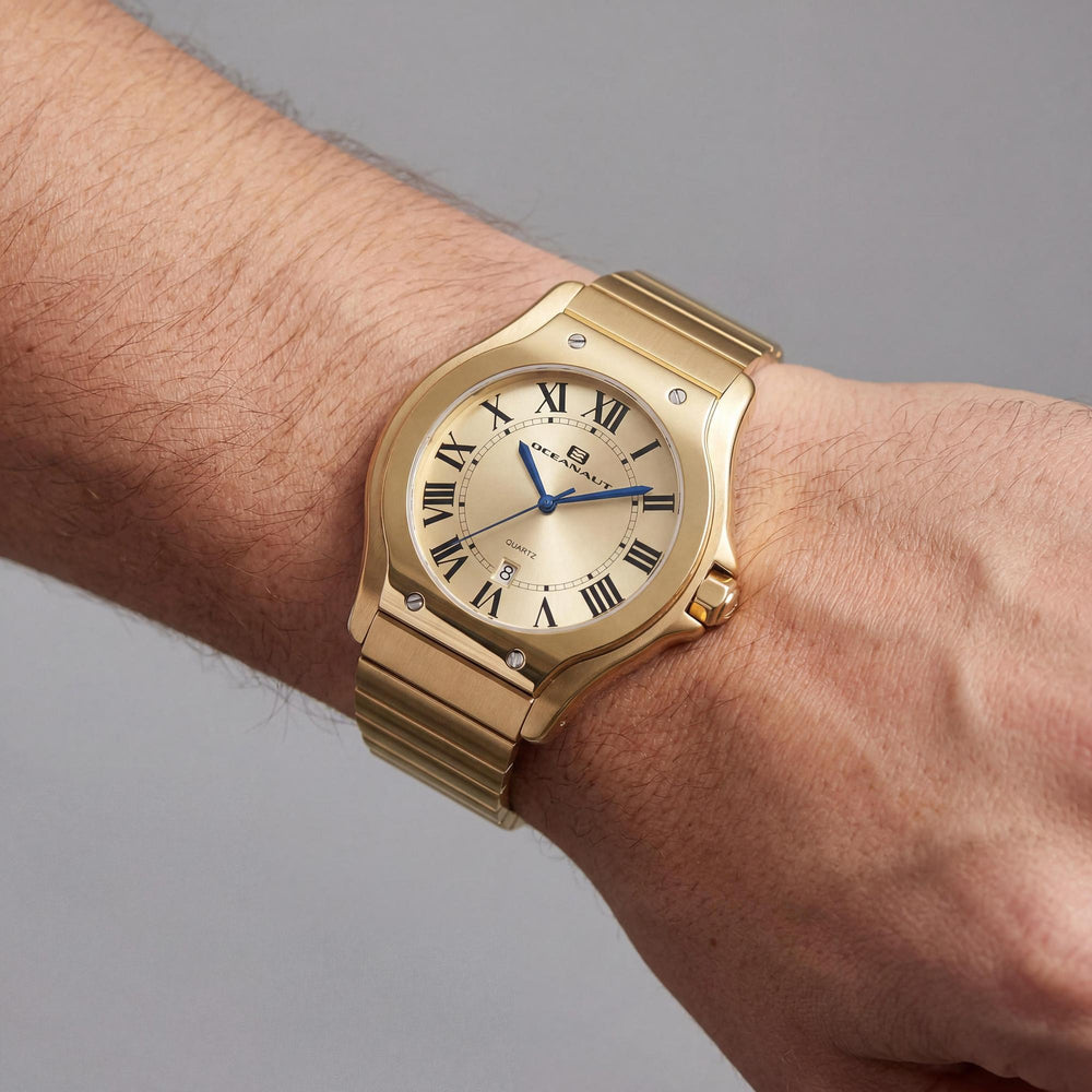 Reloj Oceanaut de acero inoxidable dorado para hombre, resistente al agua y con movimiento de cuarzo, cristal mineral resistente a arañazos.