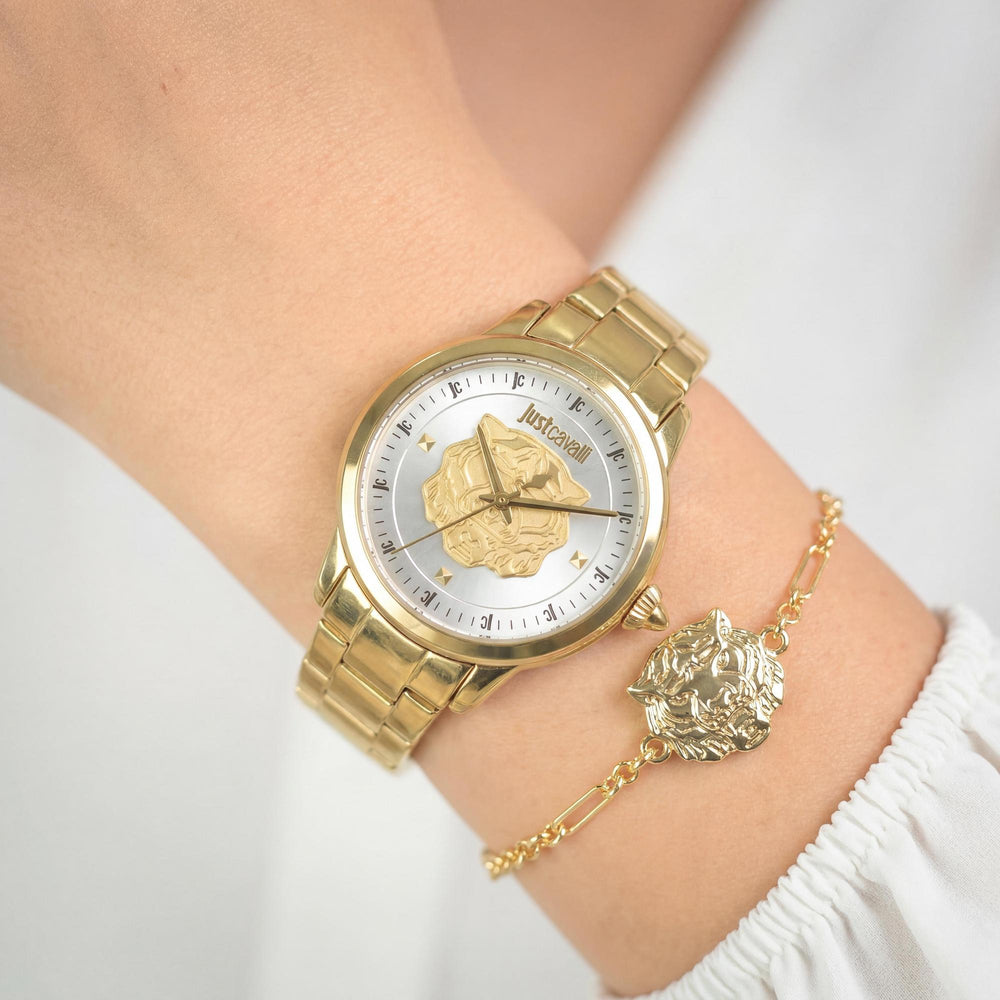 Reloj de pulsera Just Cavalli para mujer, acero inoxidable, oro amarillo de 30 mm, esfera gris plateada.