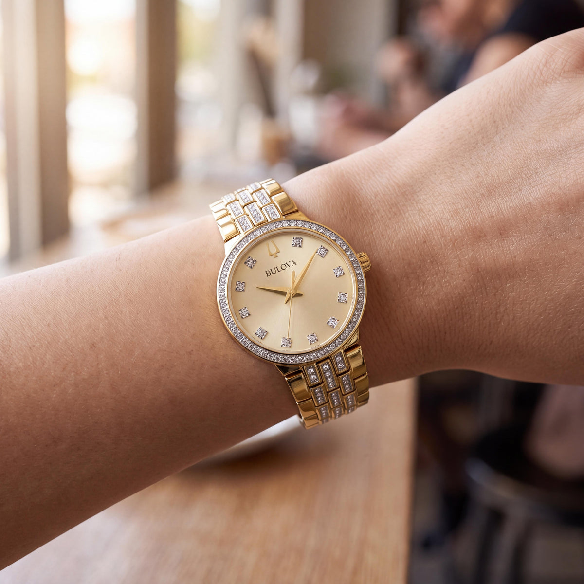 Bulova 98X133 Women's Modern Beige Champagne Quartz Watch, Gold-Tone Case, Featuring 194 Crystals, Photo 3