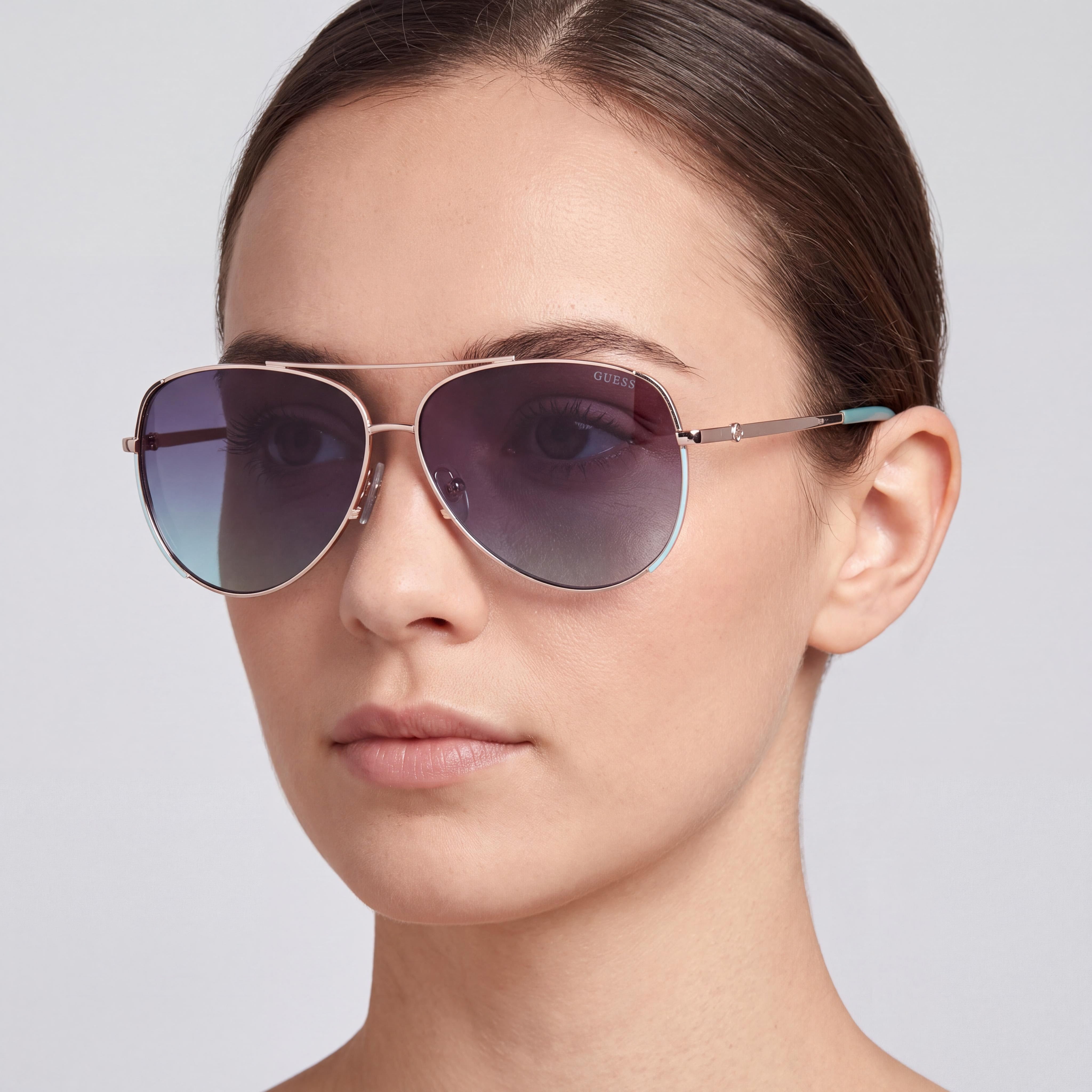 GUESS Women's Aviator Metal Sunglasses Shiny Pale Gold Gradient Blue 58mm, Photo 5
