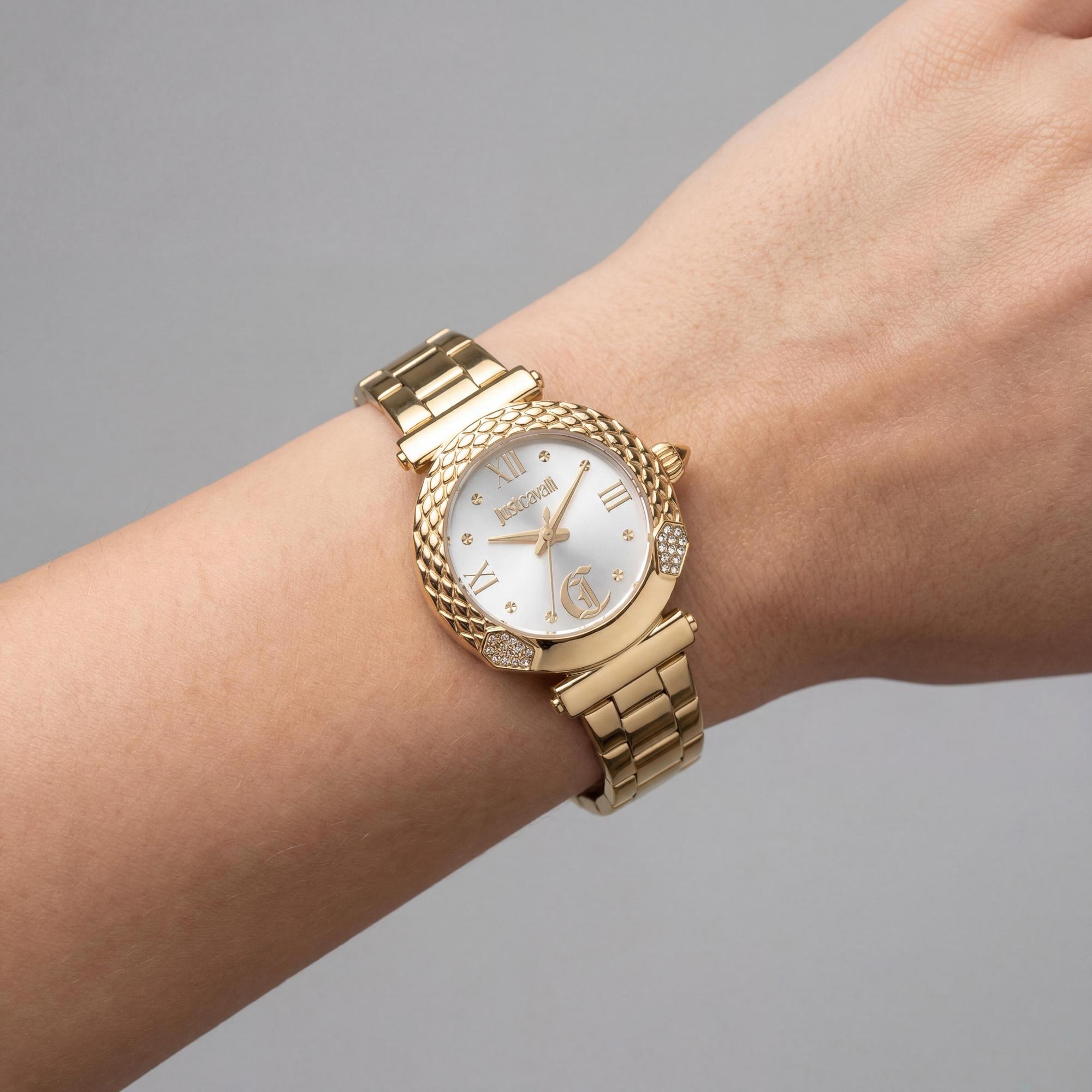 Conjunto de reloj y pulsera Just Cavalli para mujer, oro amarillo SS, esfera gris plateada, 24 piedras preciosas, cuarzo de 30 mm, Photo 3