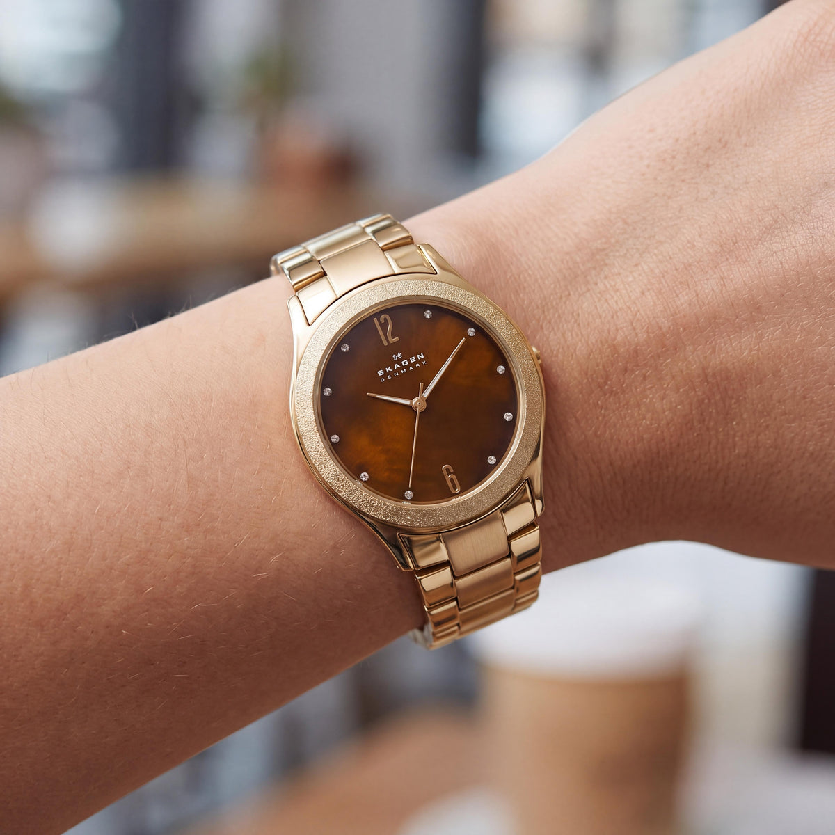 Reloj de pulsera Skagen para mujer, esfera de nácar marrón, acero inoxidable dorado, cristal de Swarovski, cuarzo, Photo 4