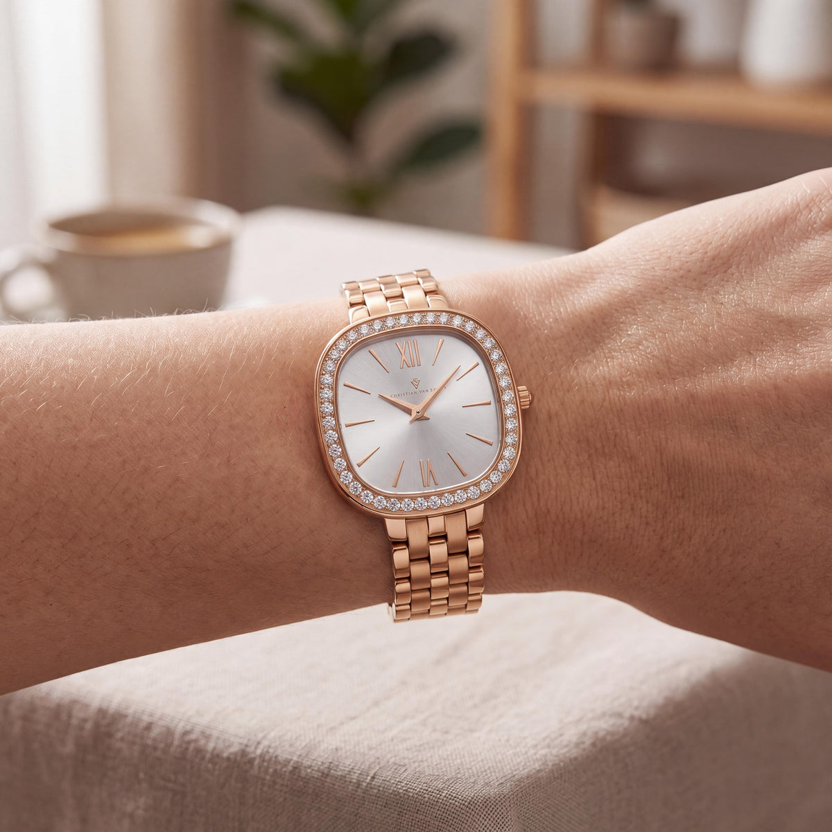 Christian Van Sant CV1267 Women's Rose Gold Stainless Steel Square Quartz Watch with Silver Dial, 24mm, Photo 3