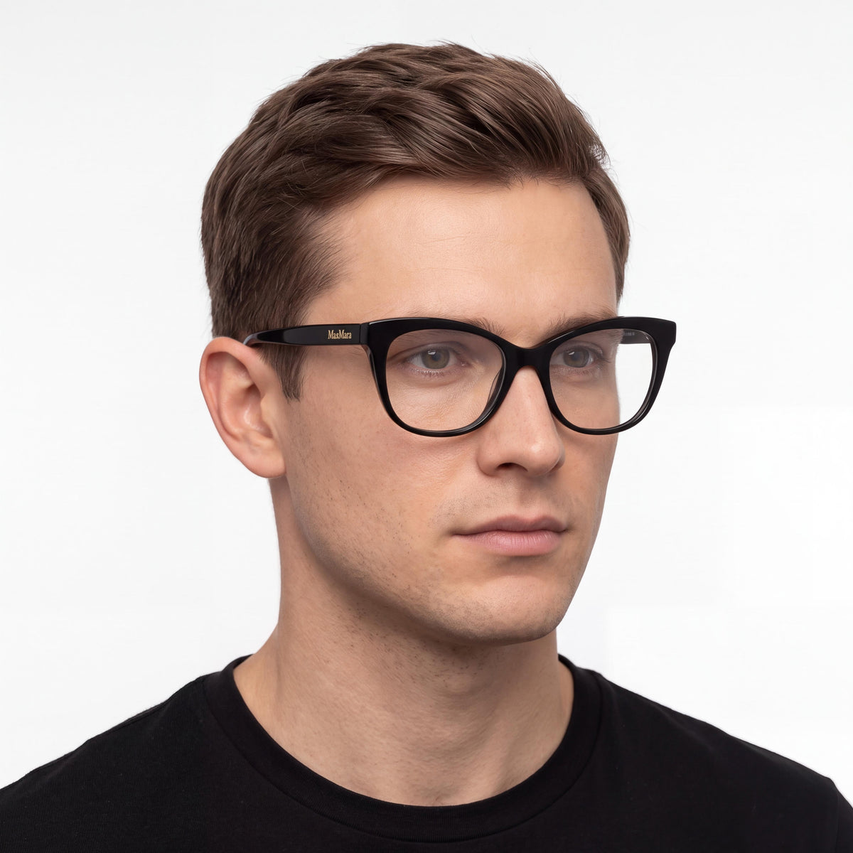 MaxMara Mm5094 Men's Shiny Black Plastic Frame Eyewear, Clear Polycarbonate Lenses, 52mm, Photo 5