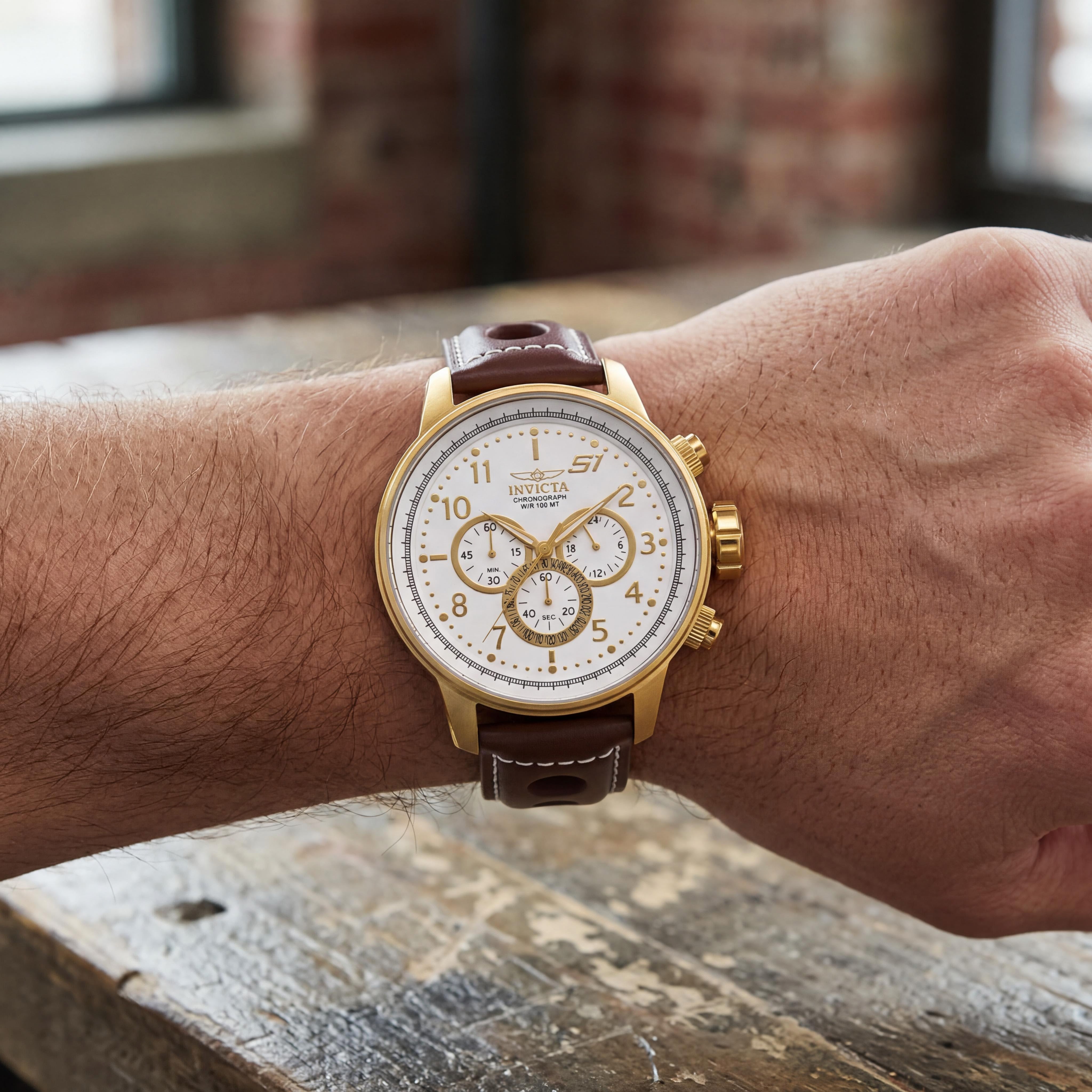 Invicta S1 Rally 16011 Men's Chronograph GMT Watch, Gold-Tone Stainless Steel, Brown Leather, 48mm, Photo 4