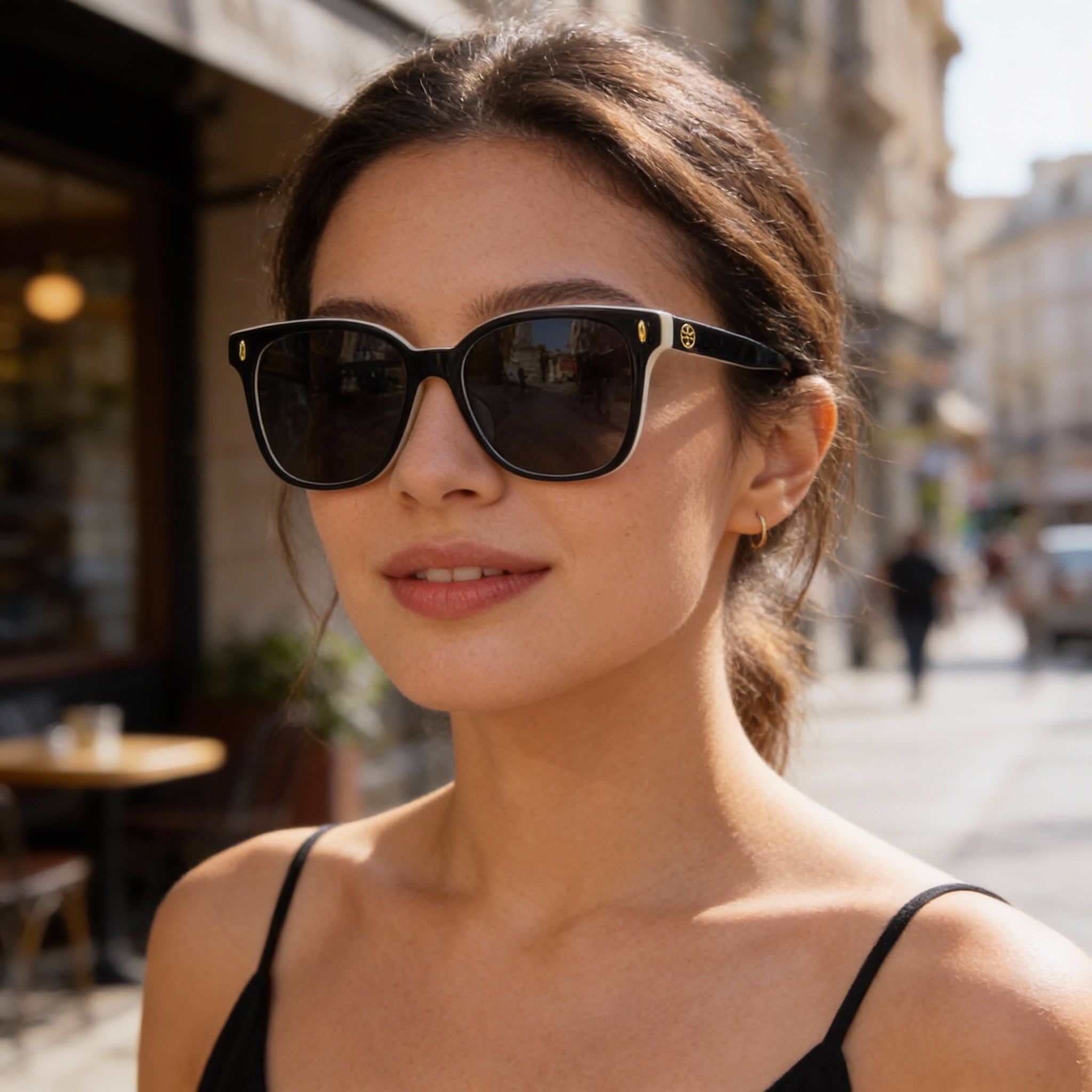 Tory Burch Classic TY7203U Women's Plastic Frame Sunglasses with UV Protection in Black, Ivory & Dark Grey, Gray Lenses, 53mm, Photo 4