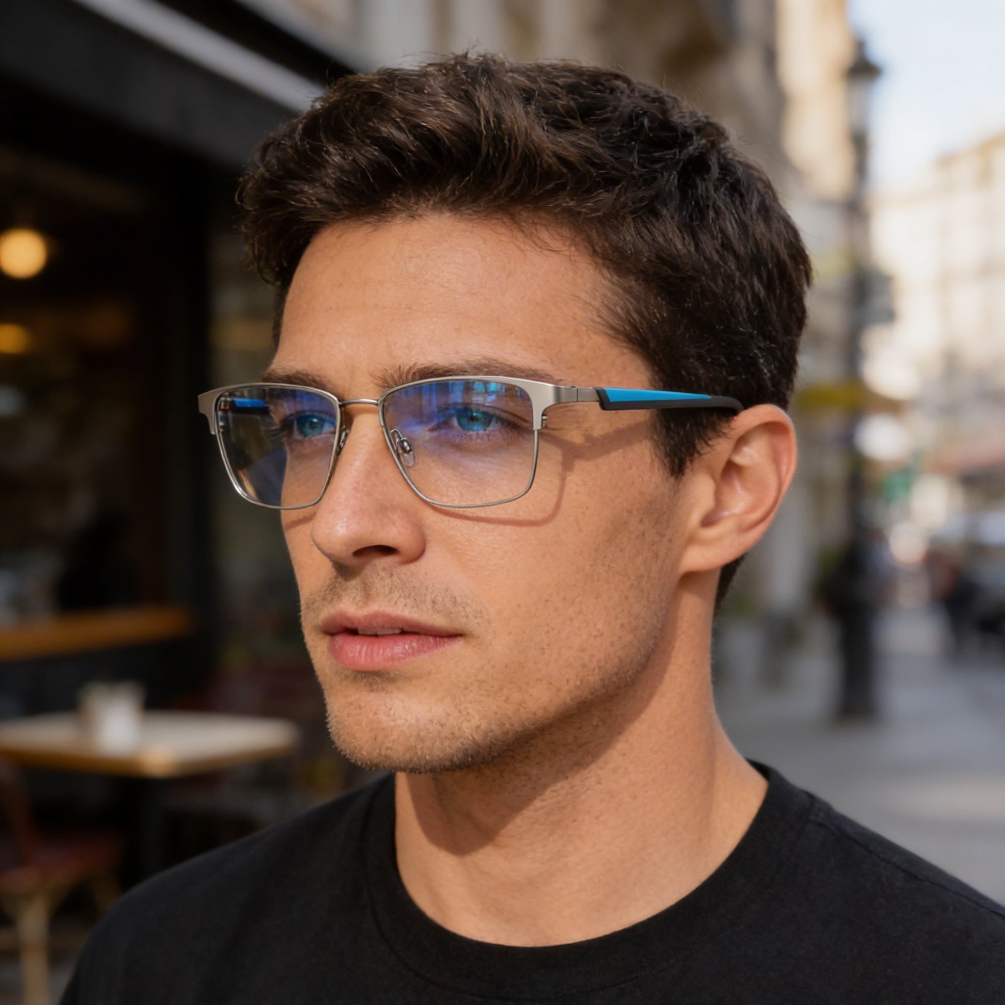 Flexon E1154 Men's Acetate Eyeglasses Satin Silver Cerulean 54mm, Photo 4