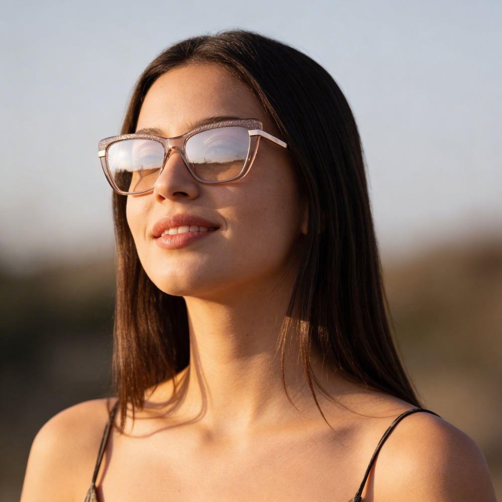 Guess Clásico Women's Eyewear, Plastic Frame in Shiny Beige, Black Polycarbonate Lenses, 54mm Lens Width