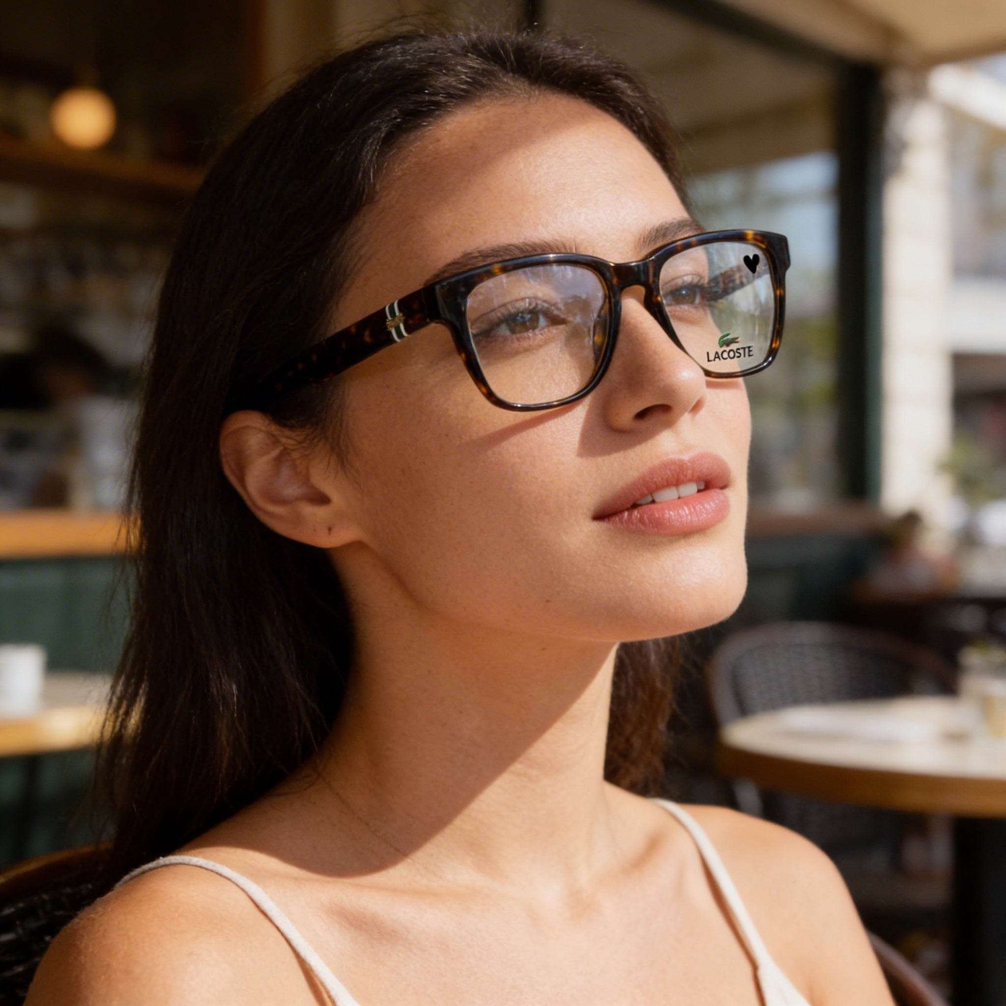 Gafas unisex Lacoste Modern de acetato en color Havana oscuro, 53 mm. Lentes transparentes de demostración, aptas para prescripción médica., Photo 5
