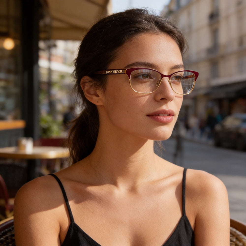 Gafas Tommy Hilfiger T. Hilfiger 1777 para mujer, ojo de gato, purpurina roja, acero inoxidable dorado, 52 mm