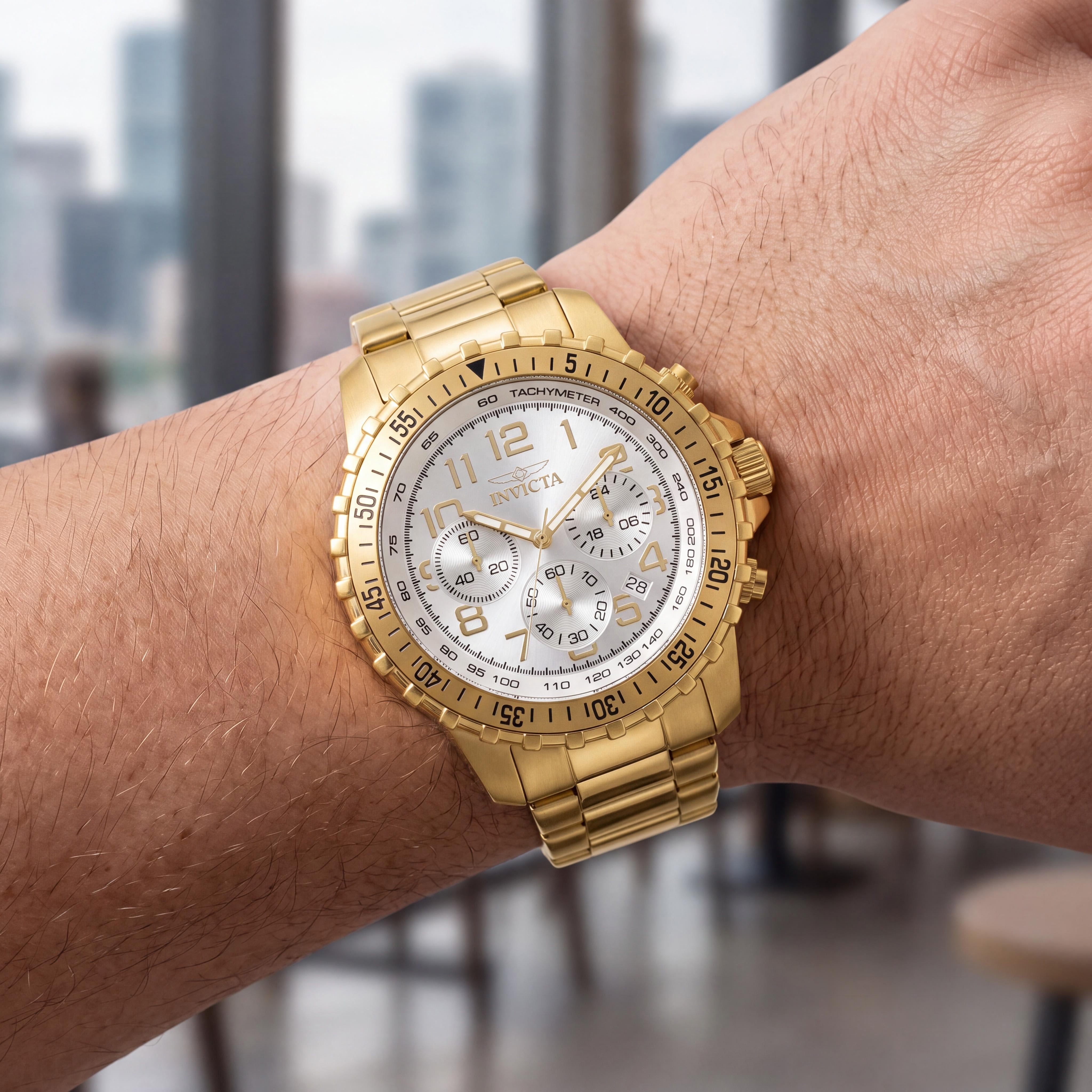 Invicta Specialty Pilot Chronograph Reloj de Hombre de Acero Inoxidable Chapado en Oro con Esfera Plateada y Luminosa de 45mm, Photo 4