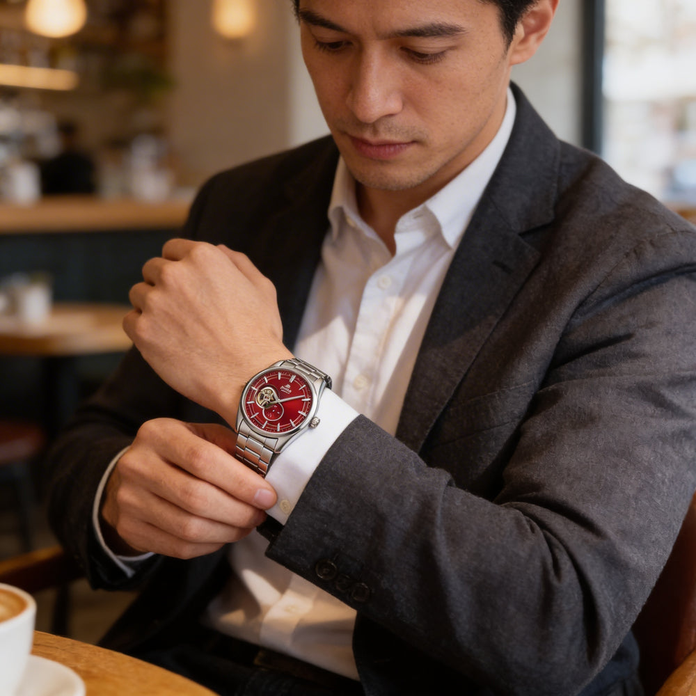Reloj Orient para hombre, automático, contemporáneo, de corazón abierto, con esfera roja carmín, acero inoxidable, 42 mm