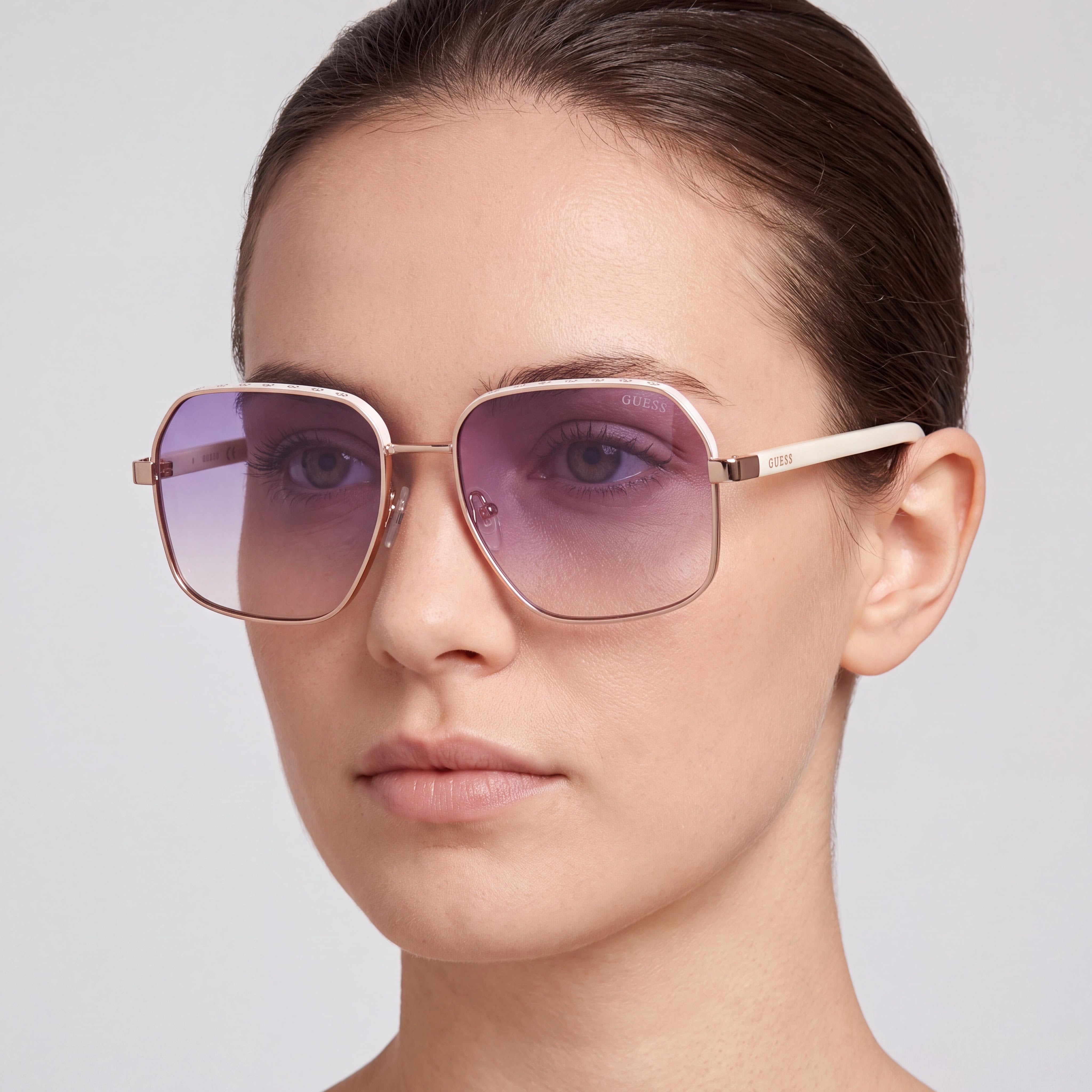 GUESS Katelyn Metal Rim Signature Women's Sunglasses, White Dark Grey Heather, Gradient Mirror Violet, UV Protection, 58mm, Photo 4