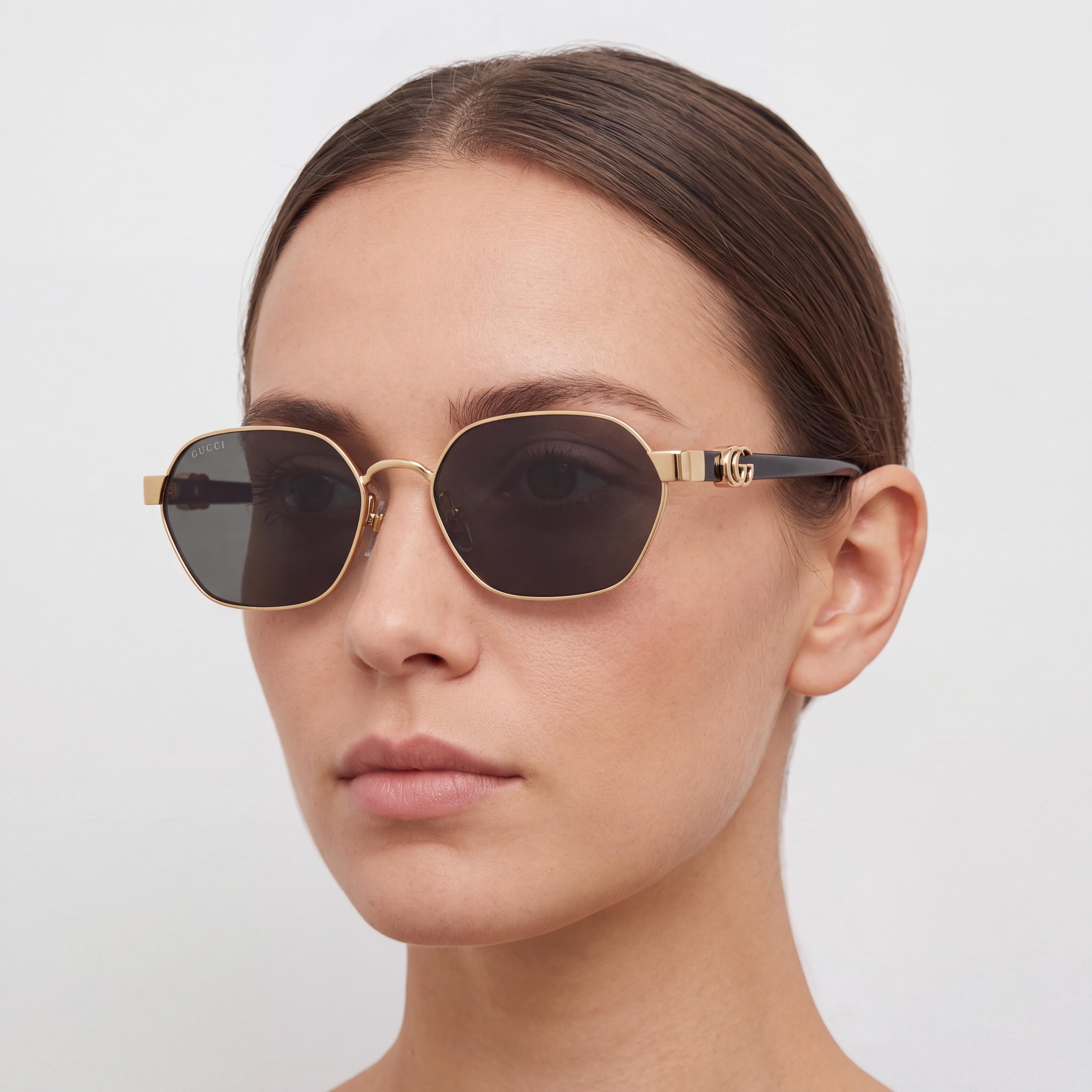 Gucci GG1593S Contemporary Women's Round Sunglasses, Gold & Black Acetate Frame, Dark Grey UV Lenses 56mm, Photo 4