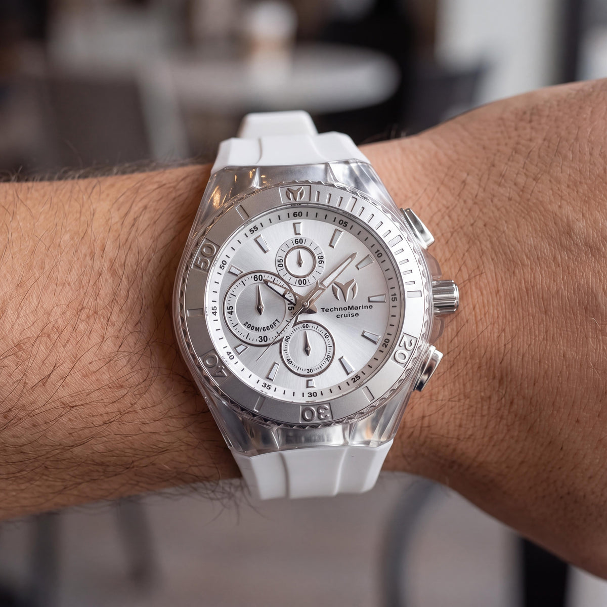Reloj Technomarine Cruise Chronograph para hombre con esfera blanca plateada, caja de acero inoxidable, correa de silicona blanca, luminoso, Photo 3