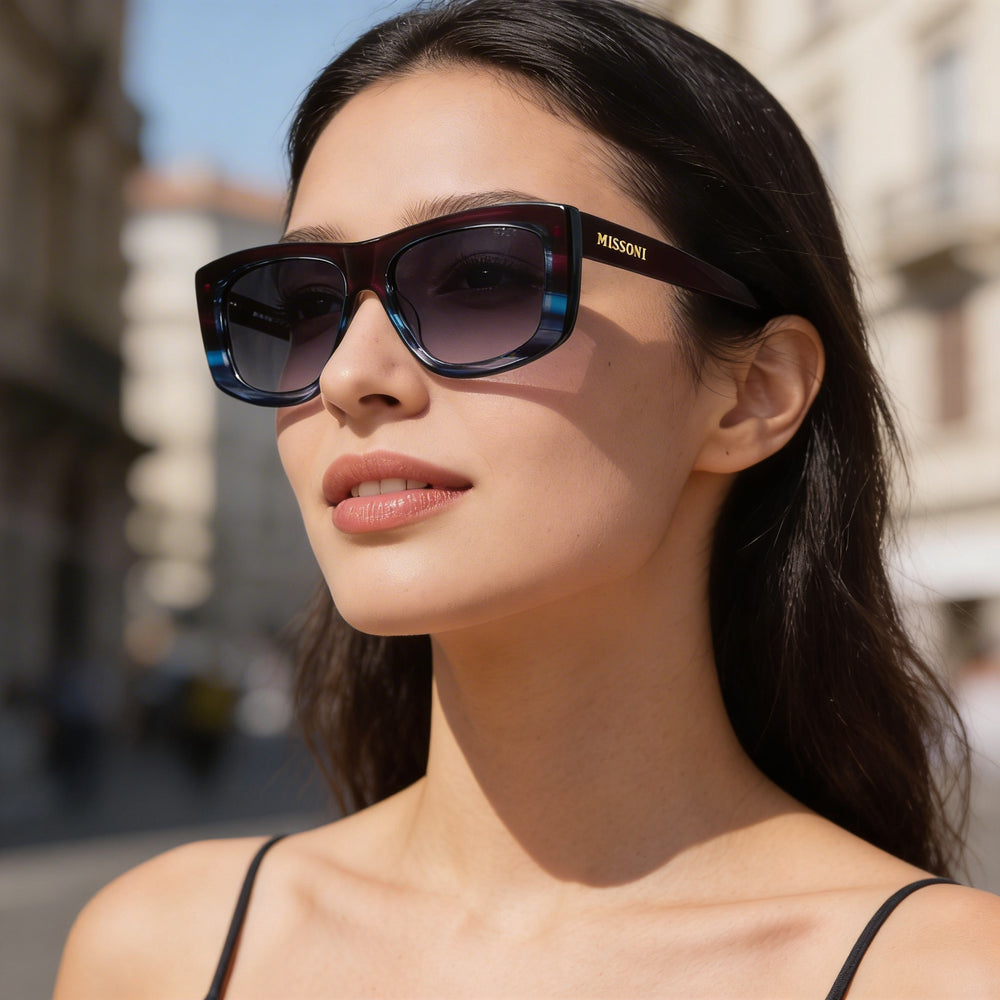 Gafas de sol Missoni Modern Mis 0111/s para mujer, montura de acetato azul violeta con lentes de cuerno de piscina azul, protección UV, 56 mm