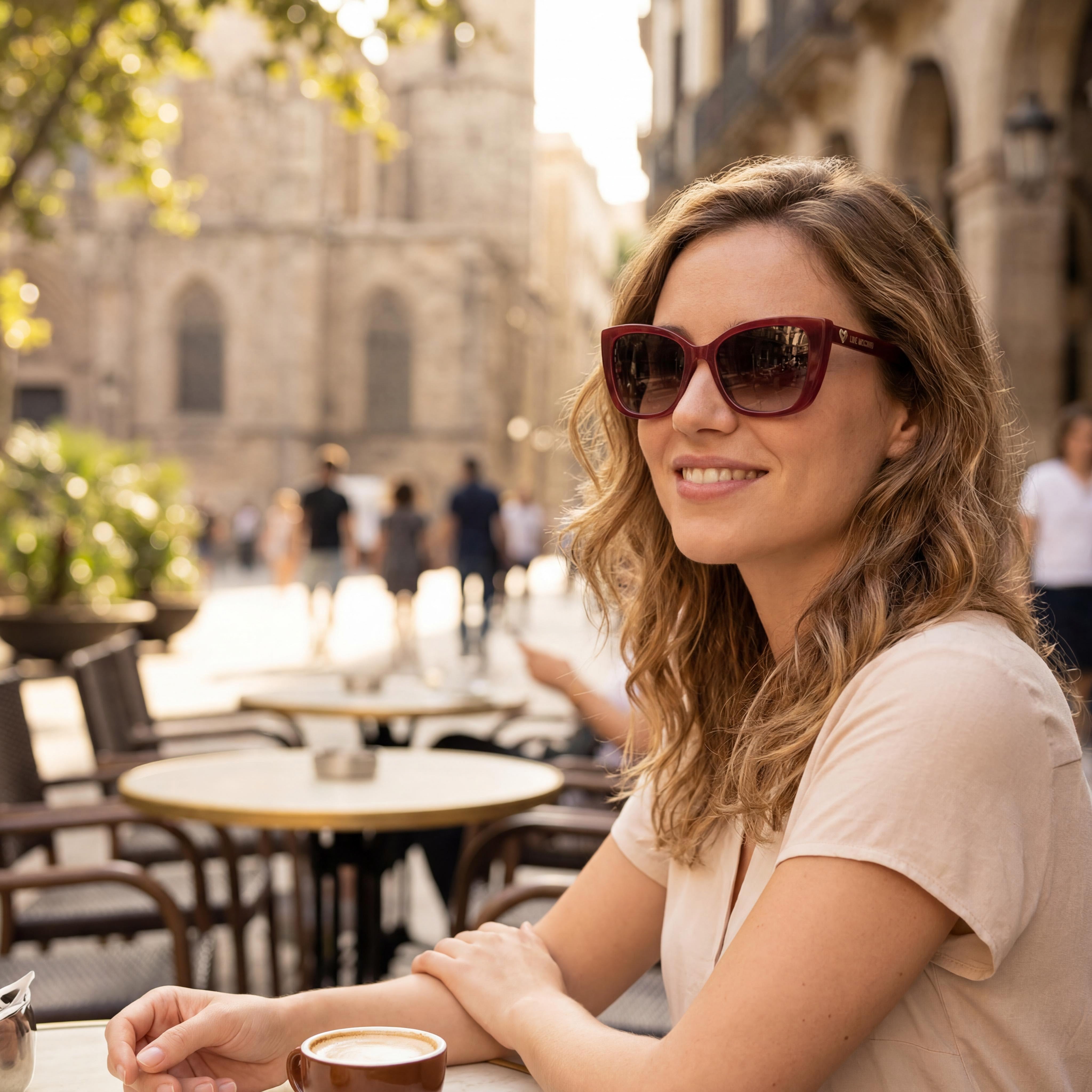 Gafas de Sol Casuales para Mujer Love Moschino con Estampado Rojo de Acetato y Cristales Sombreados Marrones, Protección UV 400, 54-18-140, Photo 6