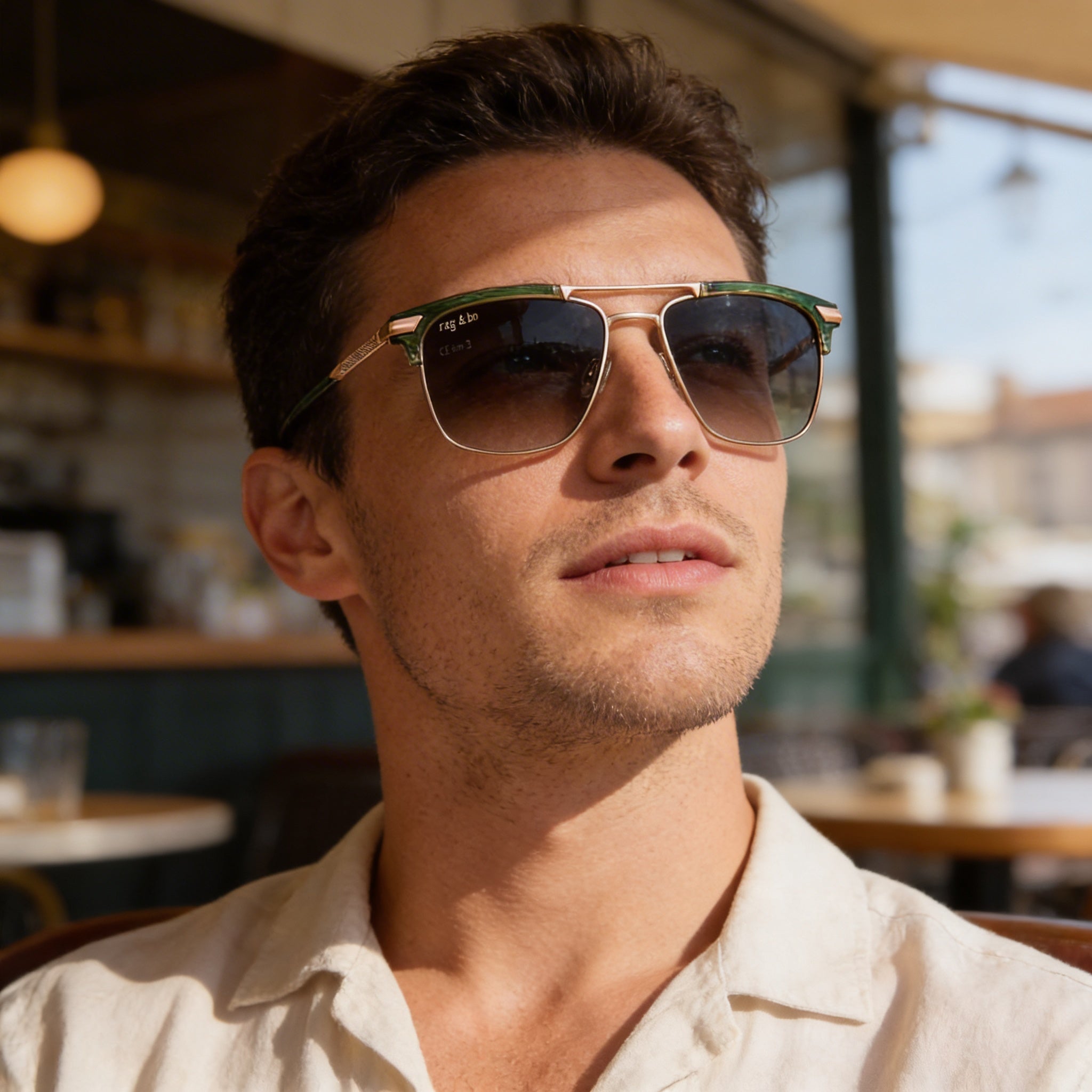 Gafas de sol informales Rag & Bone para hombre, acero inoxidable, cuerno color caqui, protección UV, no polarizadas 55-17-145, Photo 5