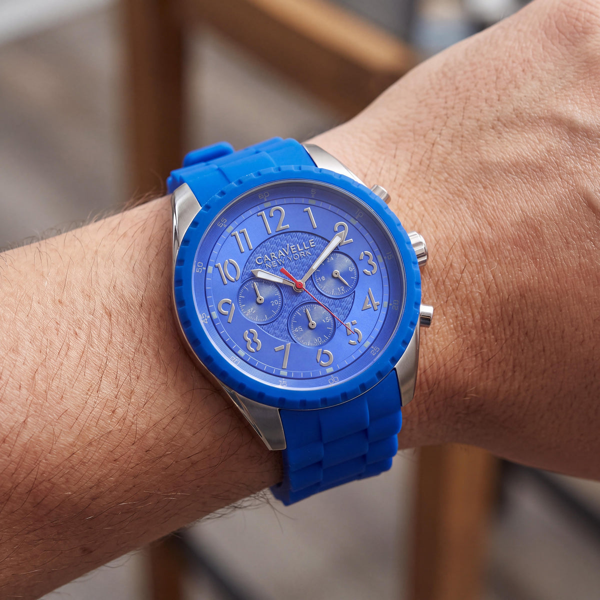 Caravelle New York Men's 43A121 Blue Dial Chronograph Quartz Stainless Steel Case Rubber Strap Watch 44mm, Photo 4