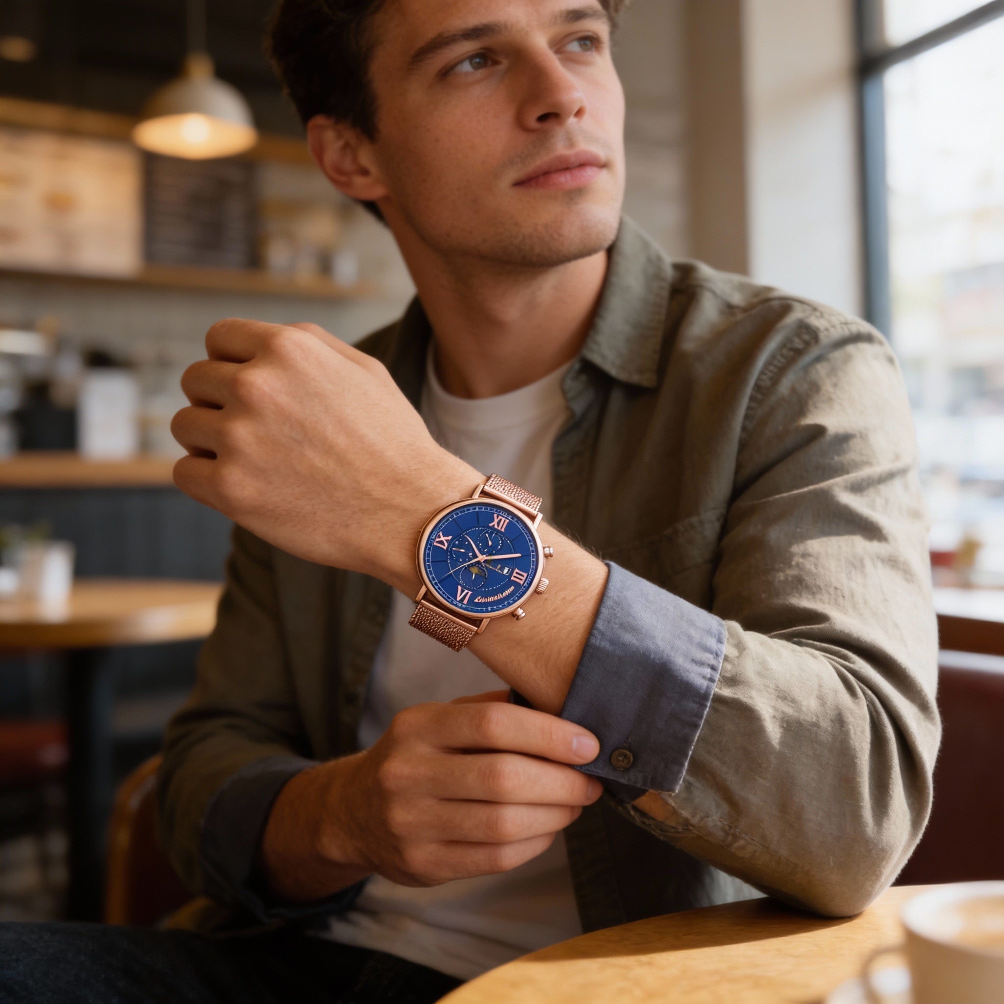Reloj automático Christian Van Sant para hombre con esfera azul y pulsera de malla de acero inoxidable, Photo 4
