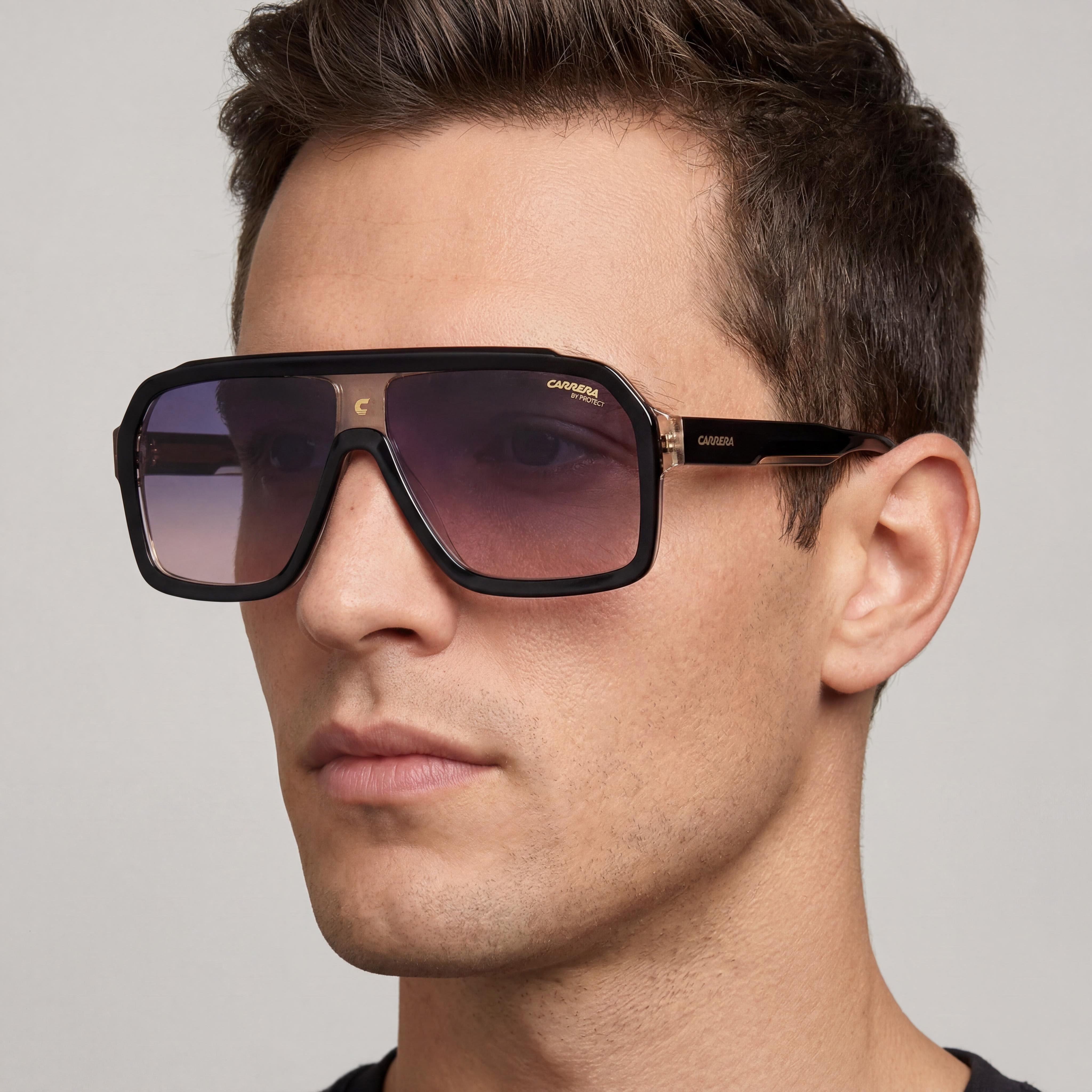 Gafas de sol Carrera Classic unisex de acetato, montura negra, beige y marrón, lentes de espejo azul con degradado marrón, protección UV de 60 mm., Photo 5