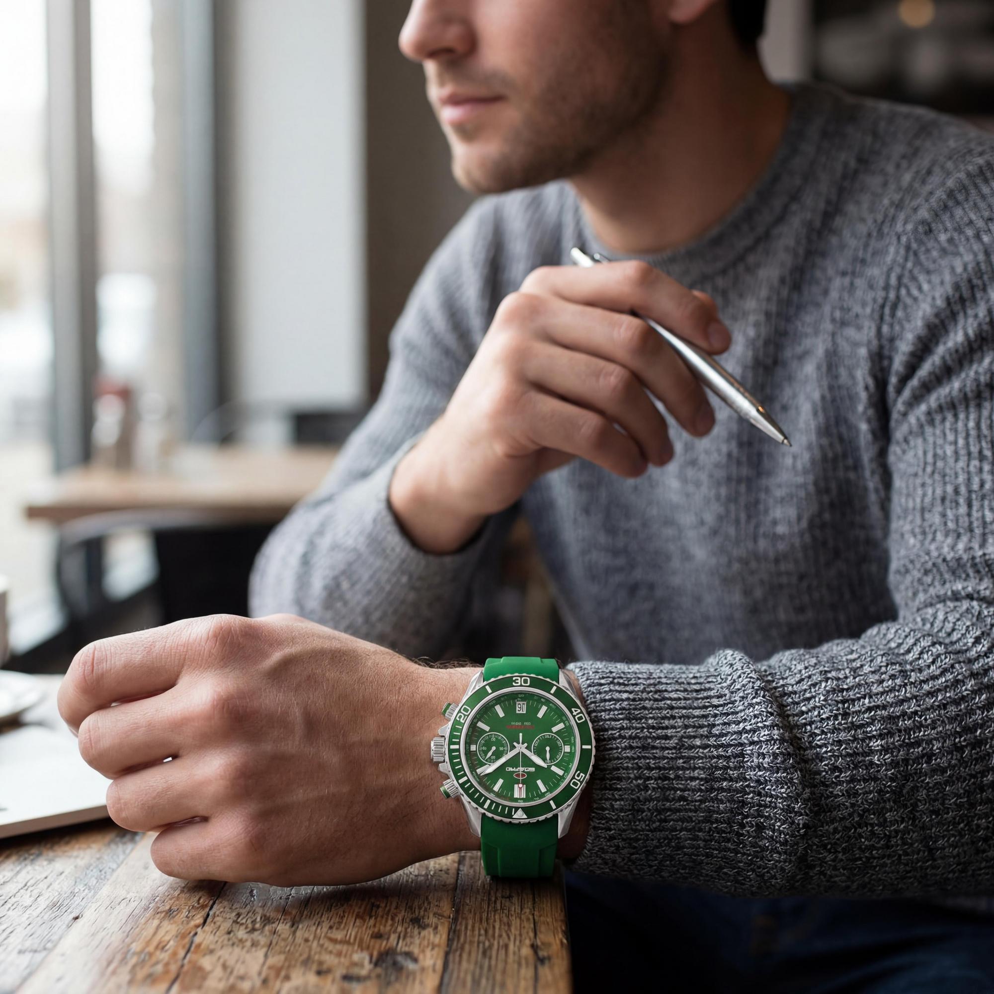 Reloj Seapro Modern para hombre, esfera verde, caja de acero inoxidable, correa de silicona, resistente al agua, movimiento de cuarzo, cristal mineral, Photo 4