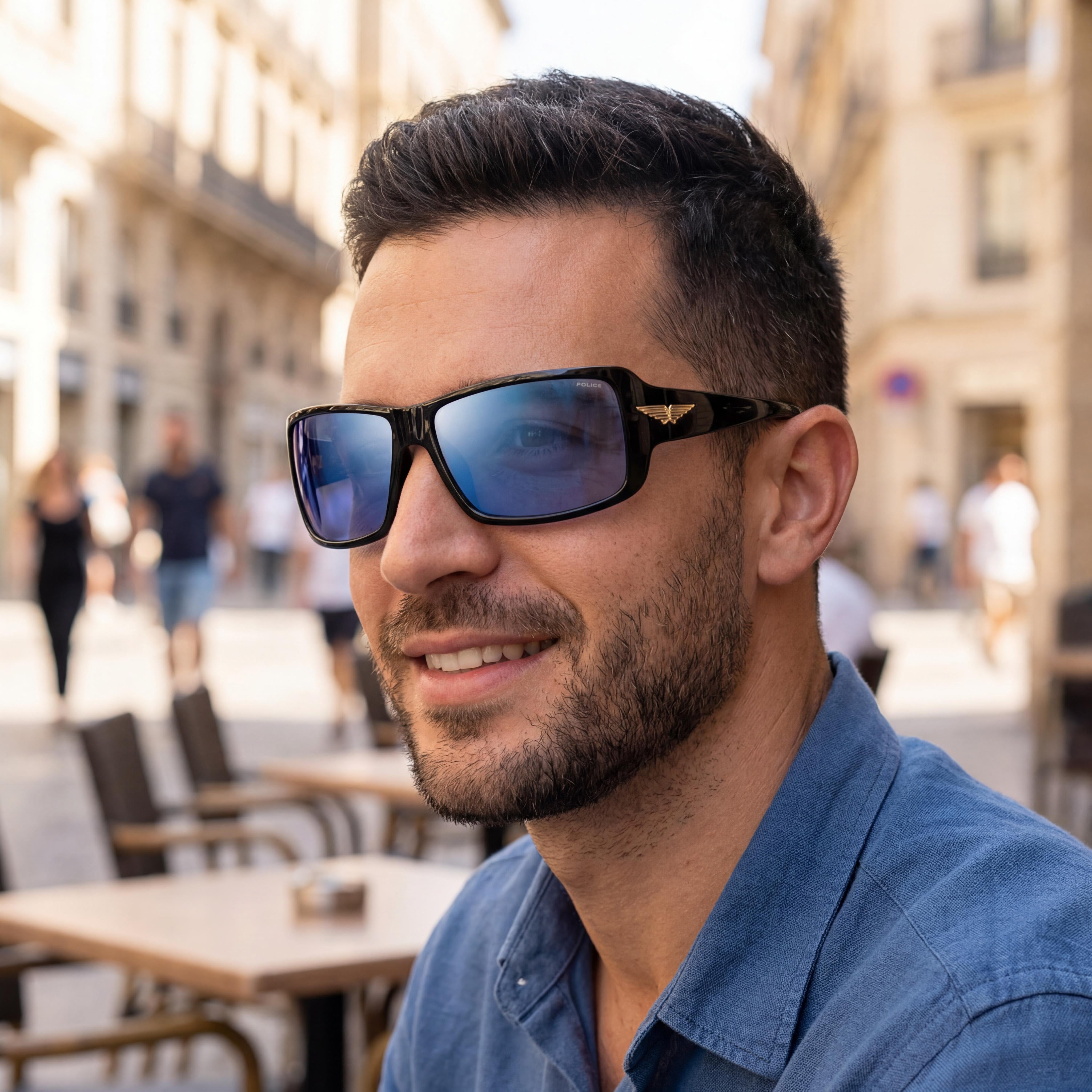 Gafas de sol Police Casual para hombre, sin polarizar, en negro brillante, con lentes azul ahumado espejado, 65 mm, Photo 6