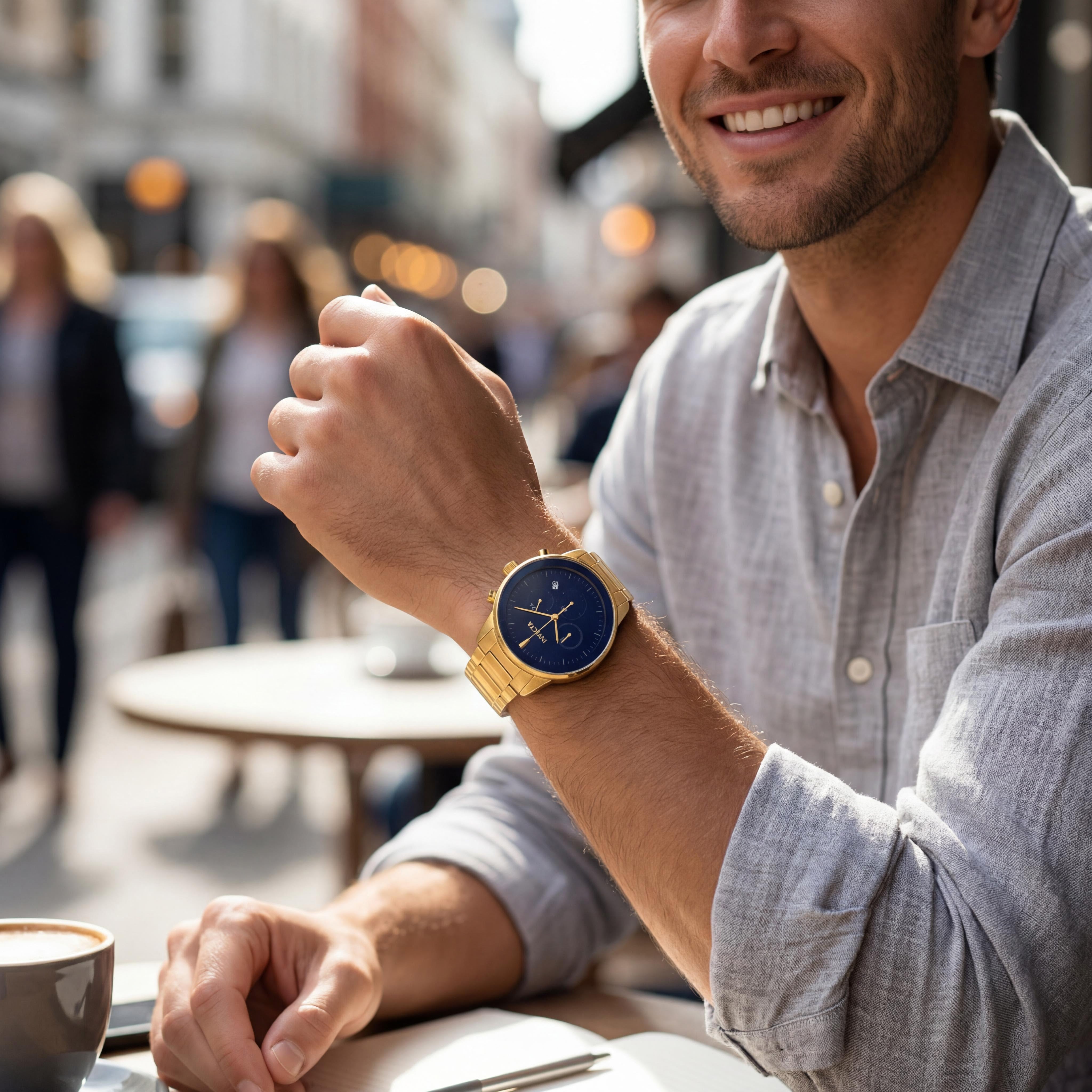 Reloj de cuarzo Invicta para hombre, cronógrafo, fecha, GMT, acero inoxidable tono dorado, esfera azul, 43 mm, resistente al agua, Photo 5